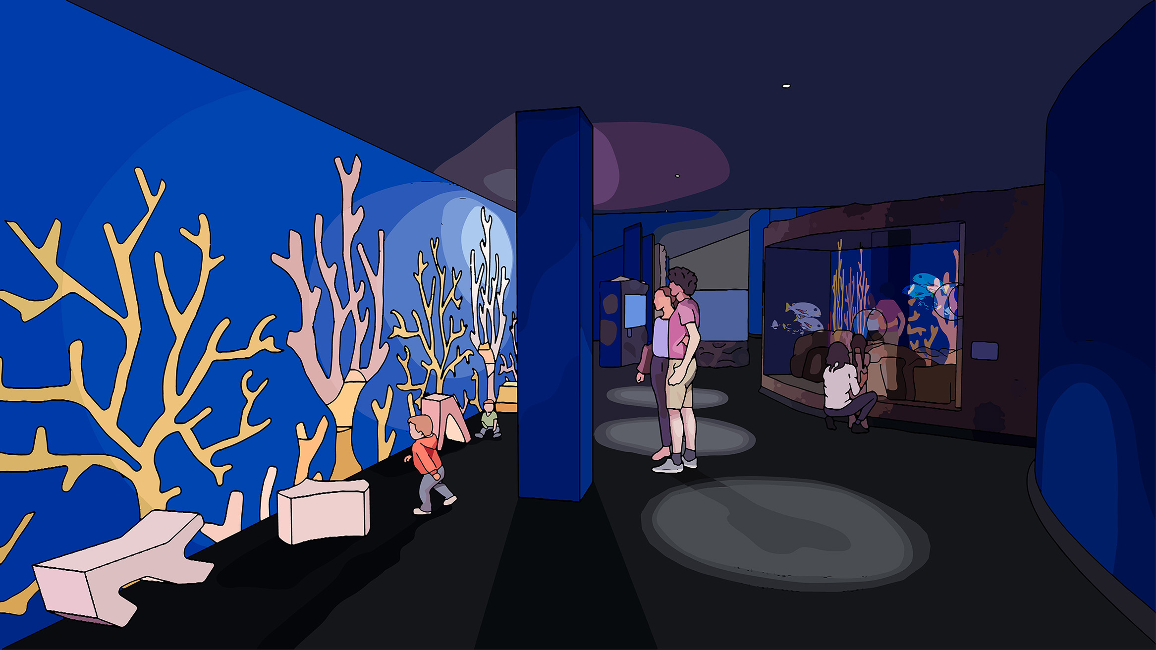 Render in illustrative style showing a soft play coral puzzle wall. There are also other tanks in frame. The whole space is dark blue.