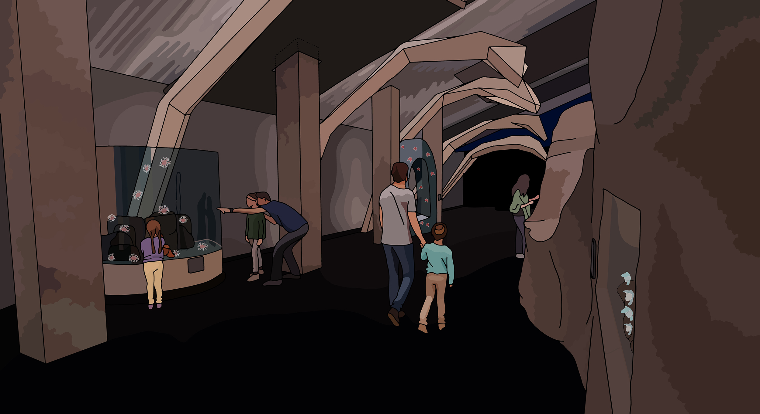 Render in illustrative style showing smaller tanks. Along the edge of the space is a model whale skeleton people can walk under. The space is brown and grey.