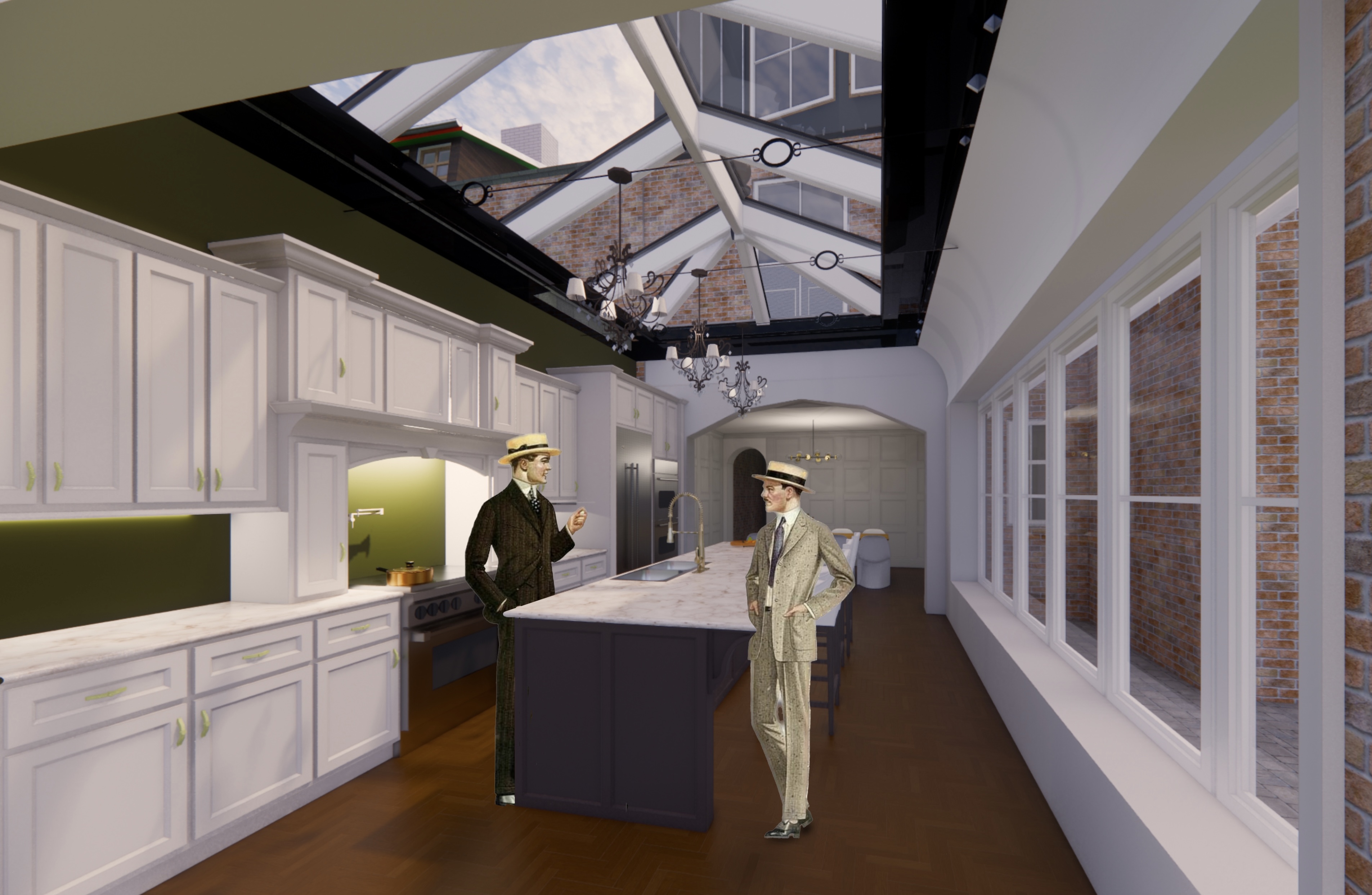 Rendering by Albert Jaime of the kitchen in The Efficient Edwardian. Two men in Edwardian dress stand talking in a contemporary kitchen with Edwardian aesthetic details.