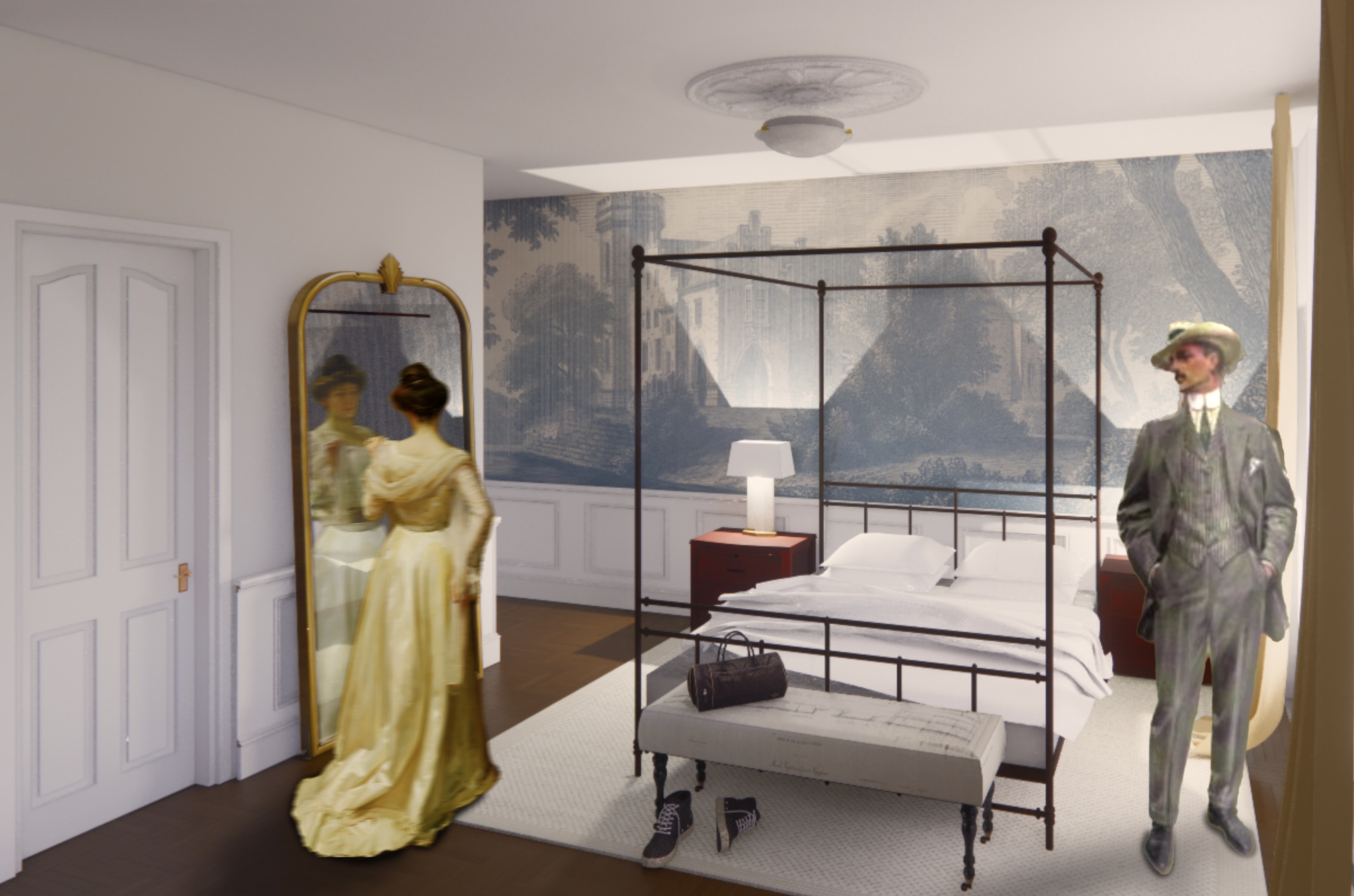 Rendering by Albert of a bedroom for The Efficient Edwardian project depicting a man and woman in Edwardian dress. The room contains a metal four poster bed, a free standing floor length mirror, and a large wall print in the Romantic style depicting a landscape and castle.