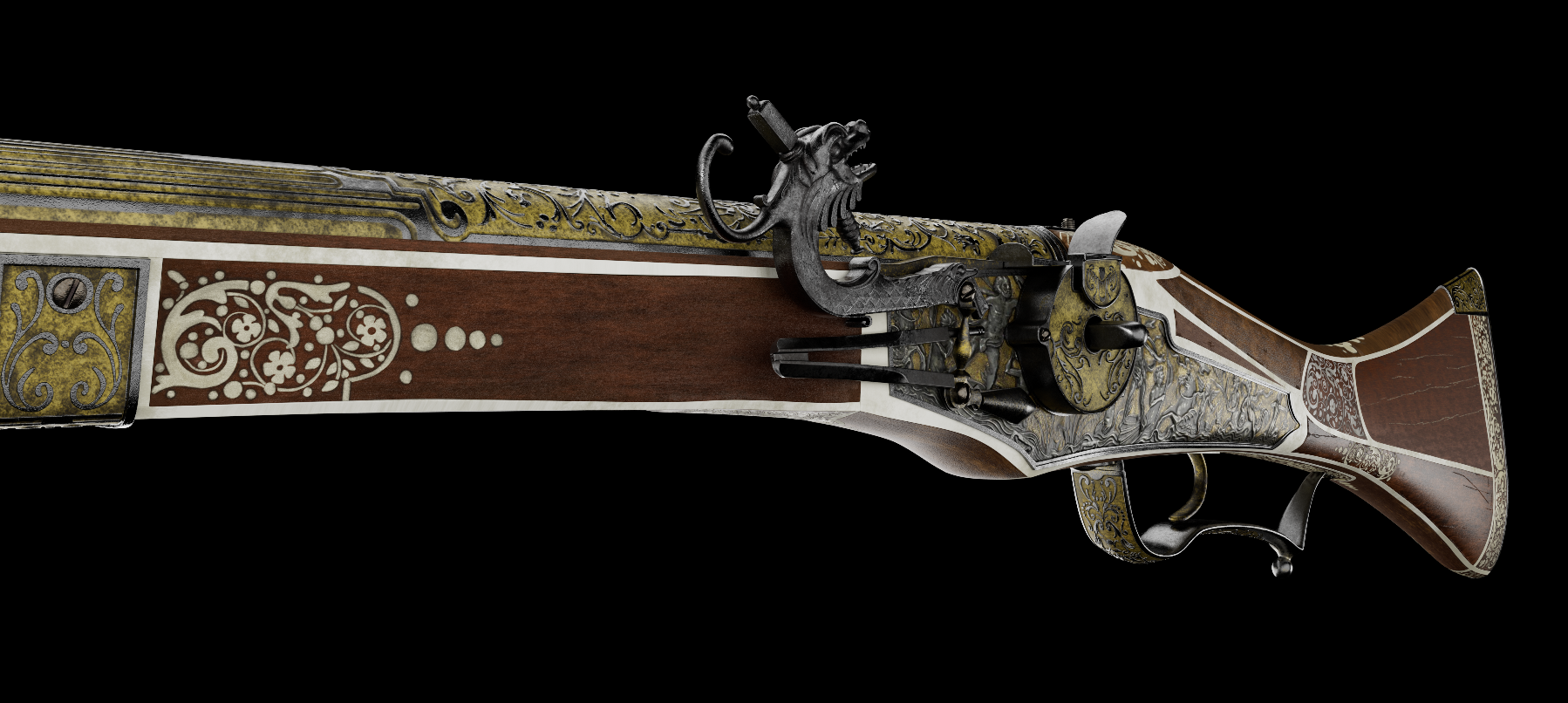3rd year project modelling an ornate wheel lock rifle, textured by Courtney Power.