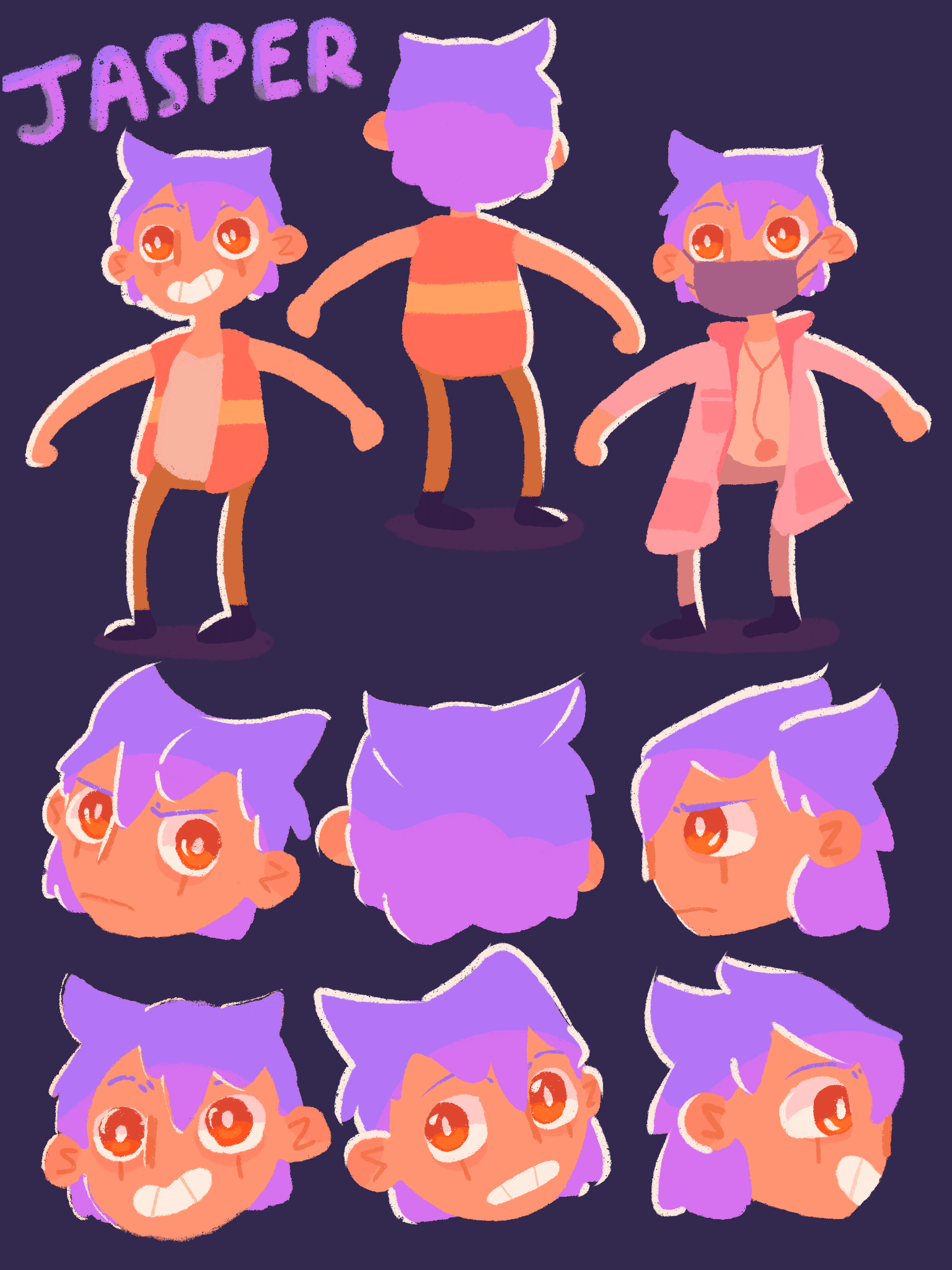 An illustrated work by Adam McIntosh showing character designs in soft purple and orange pastel tones.