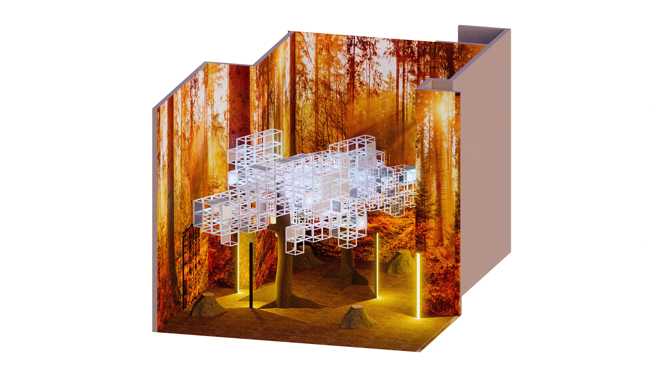 Digital render by Adam Taylor showing VR exhibition. Walls are an orange forest. Space has yellow neon lighting and treets with white cube wireframes for leaves.