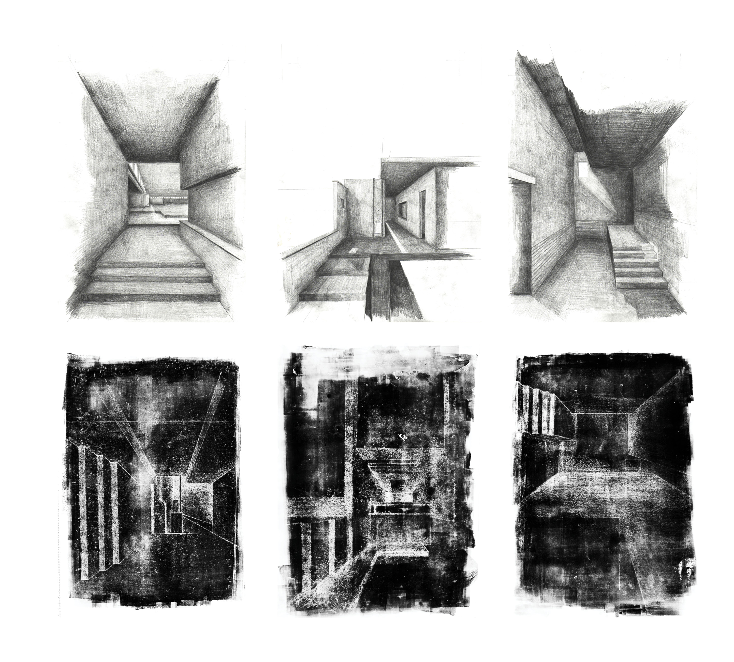 A series of perspective pencil drawings (top line) and monoprints (bottom line).