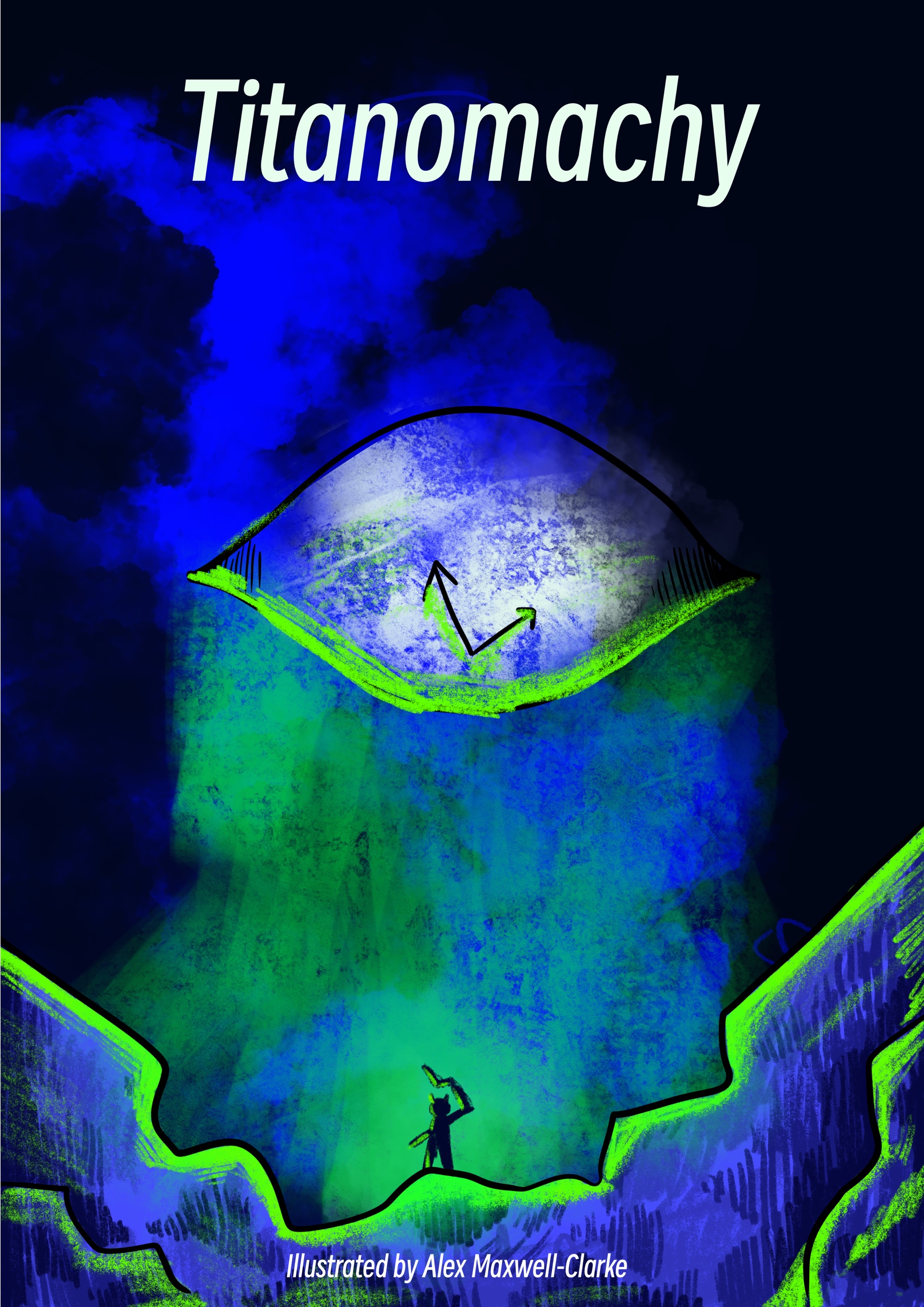 Dark blue background with neon green smoke. Silhouette of character holding scythe on rocks in the foreground, looking at massive eye in the distance. Pale green font reads "Titanomachy" at the top of the page.