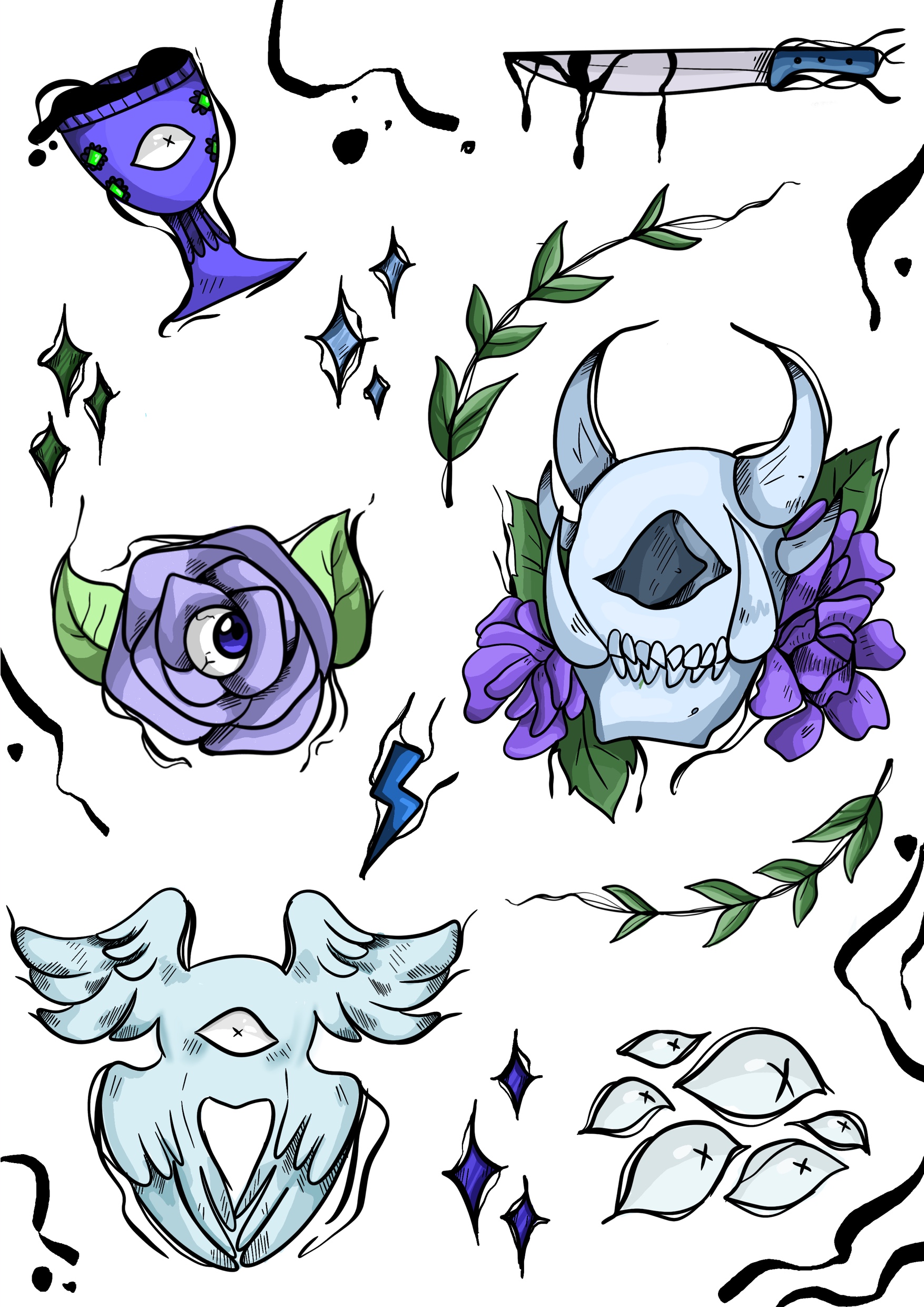 Tattoo designs depicting skulls with flowers, knife, chalice with an eye and neon green crystals, angles like ball with 4 wings. All in a blue and neon green colour scheme.