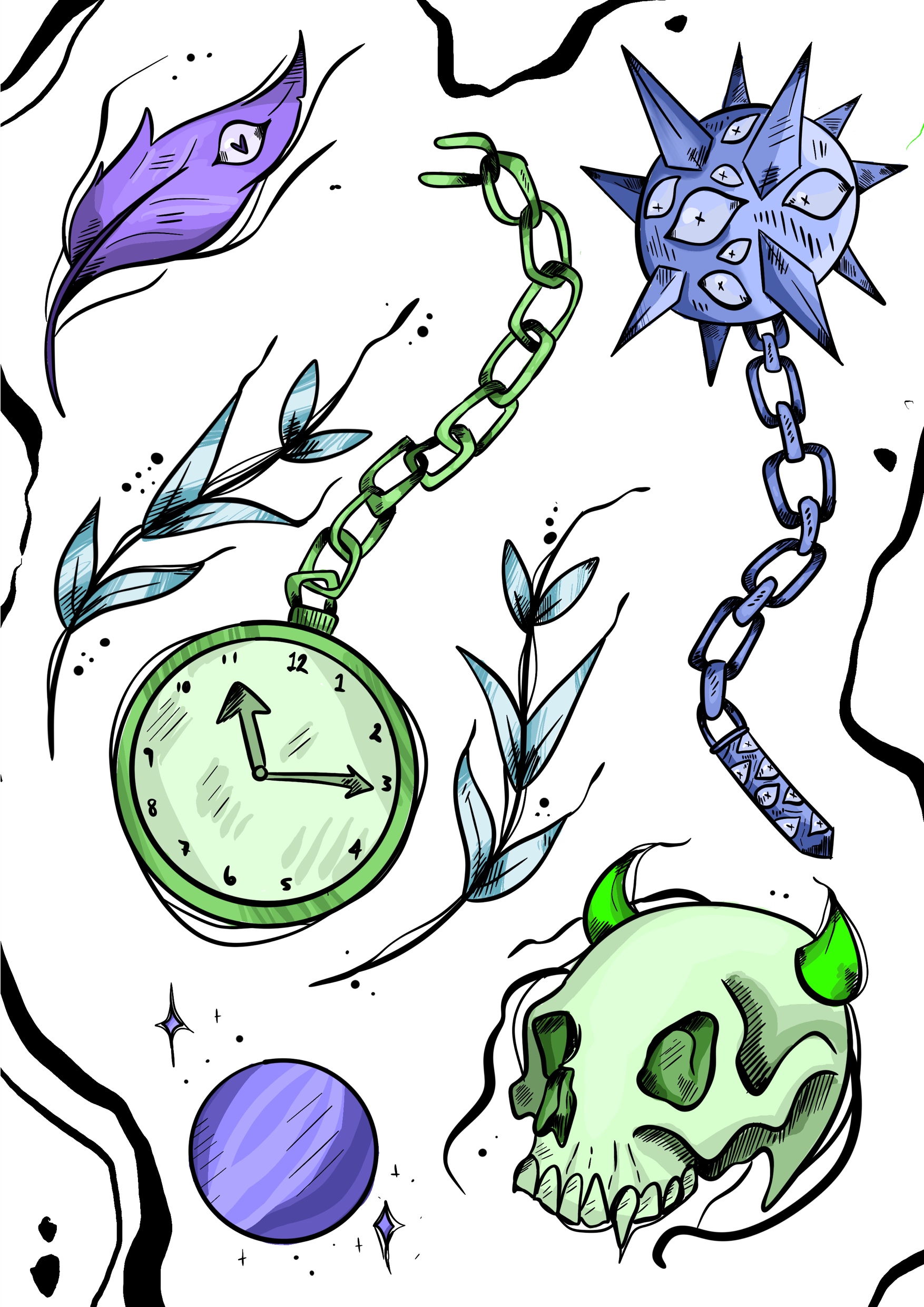 Tattoo designs based on graphic novel. Morningstar weapon covered in eyes - pale blue . Pocket watch in green, assorted leaves in various blues and a purple feather with an eye on it.