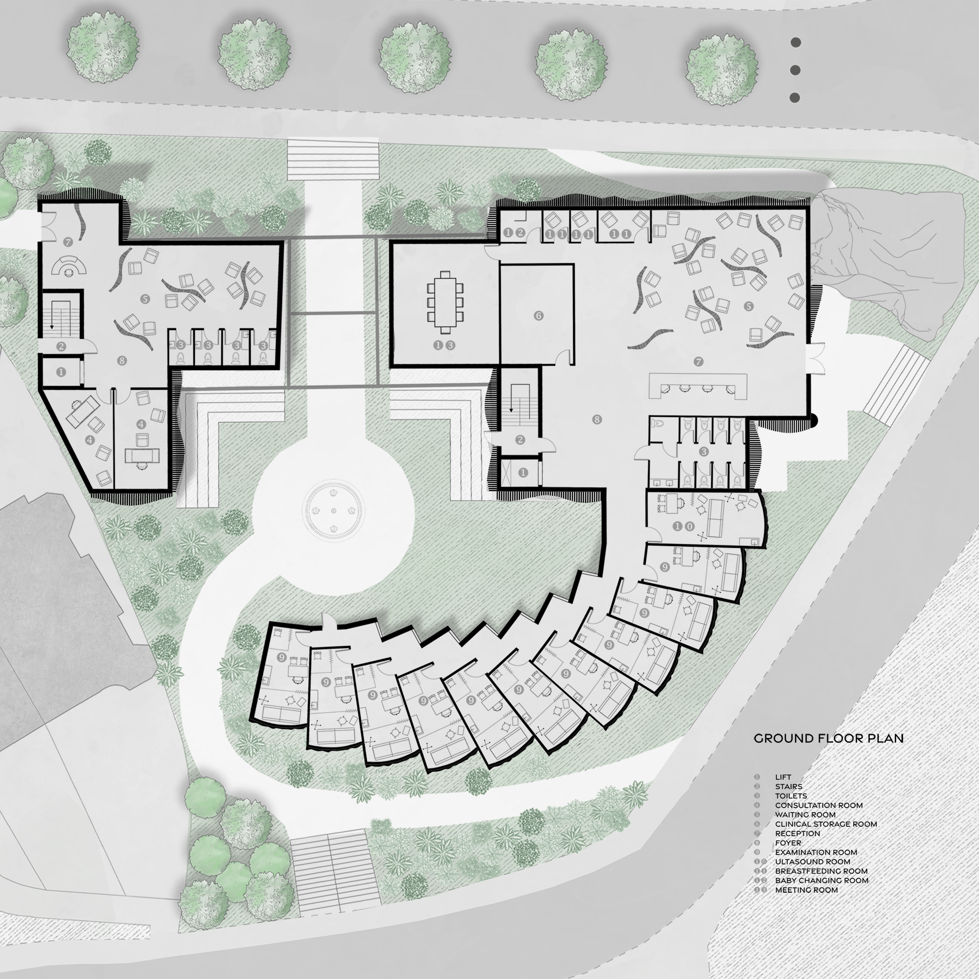Architectural drawing by Alice Collins showing the ground floor plan of the Bodichon Centre.
