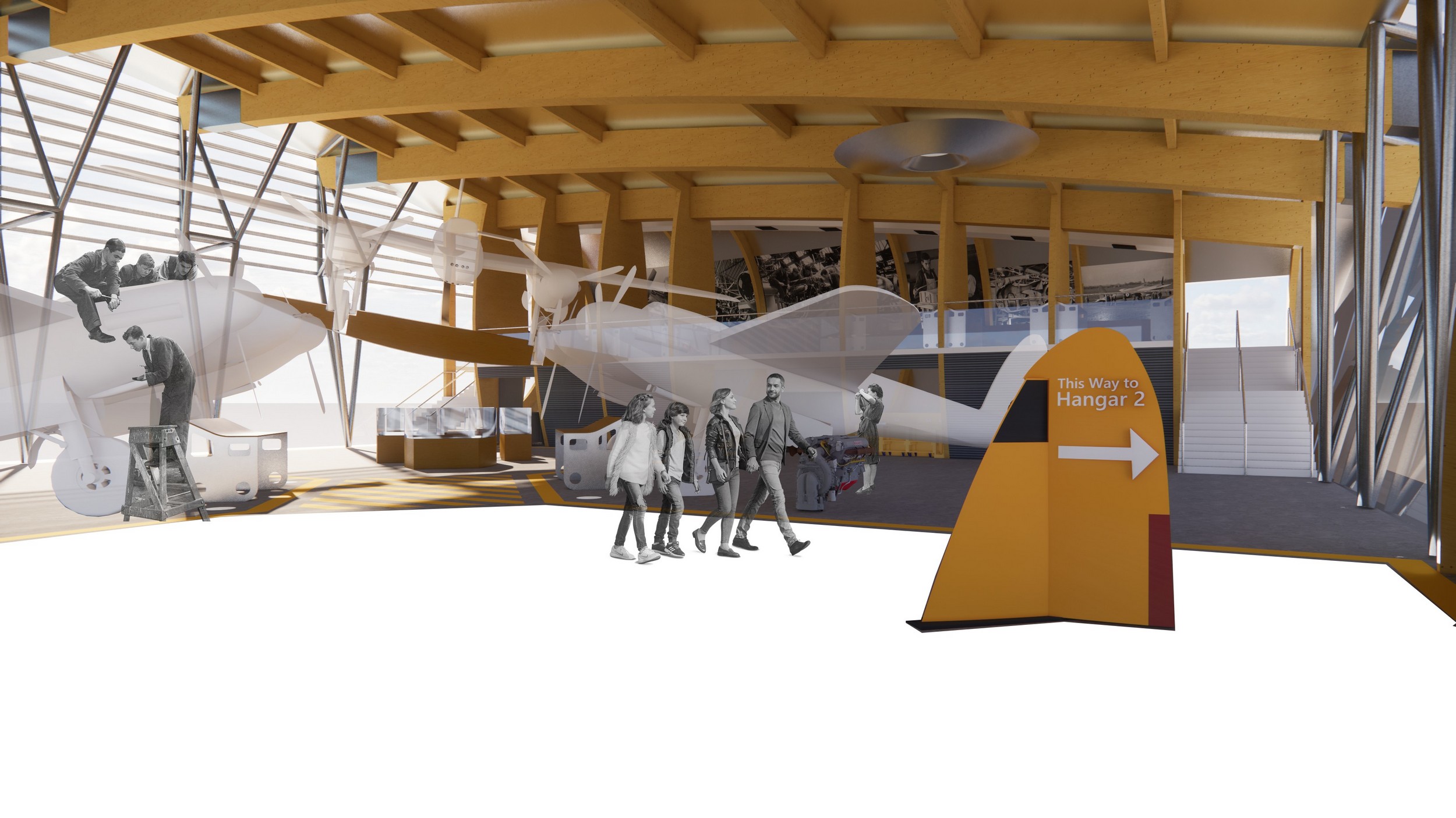Final concept render by Alistair Badger showing the Hangar Display Floor and exhibition space behind.