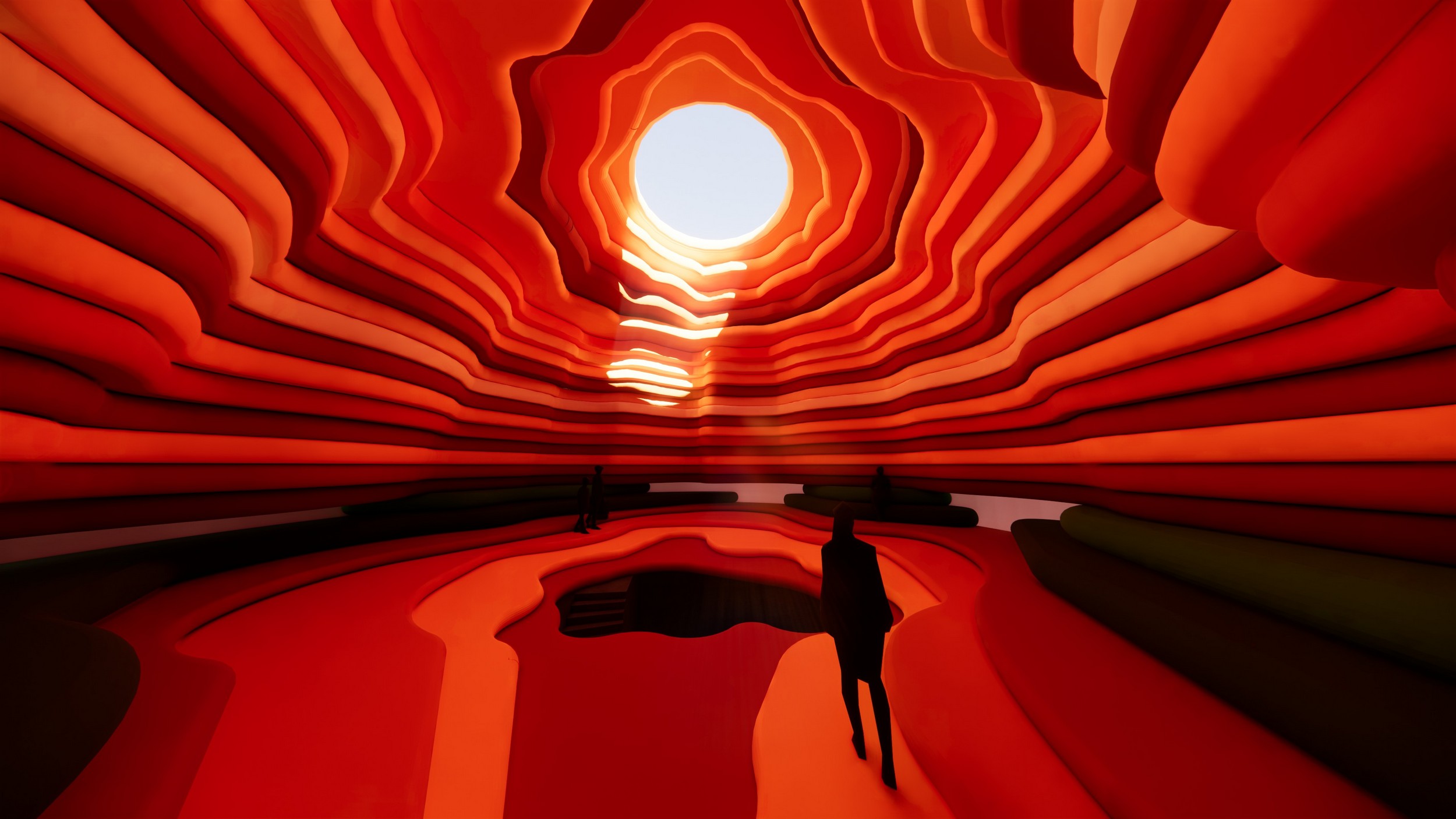 Concept render of the 'Positive Room' by Alistair Badger. Space has soft curves and a central circular window in ceiling, furnishings and walls are red and organe hues.
