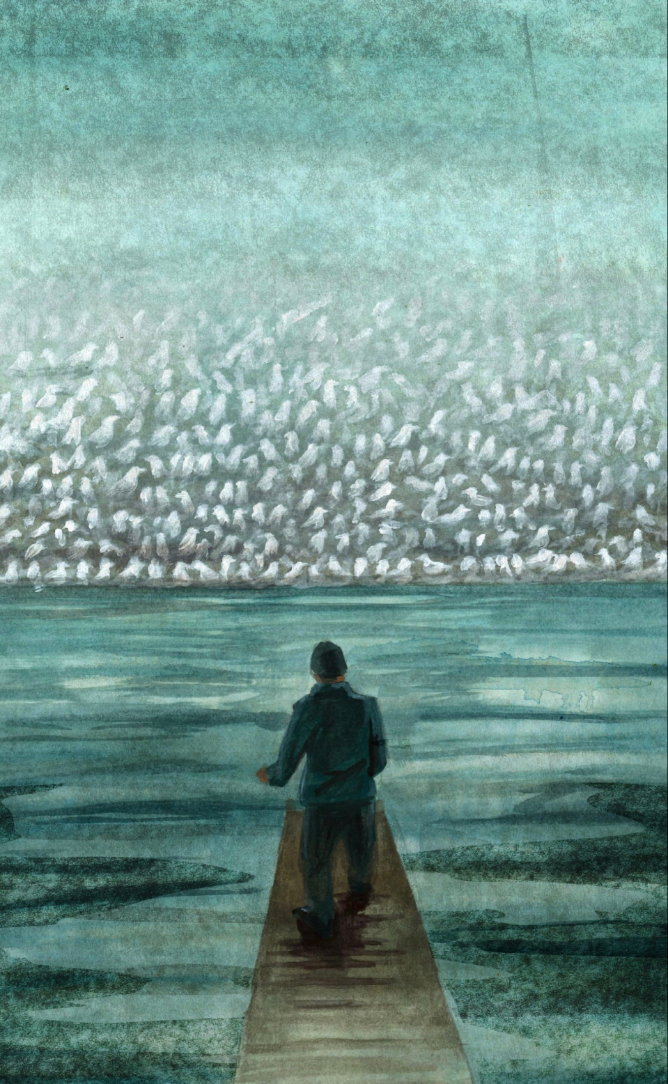 Illustrative piece by Alyona Subkhankulova showing figure on a sea shore.