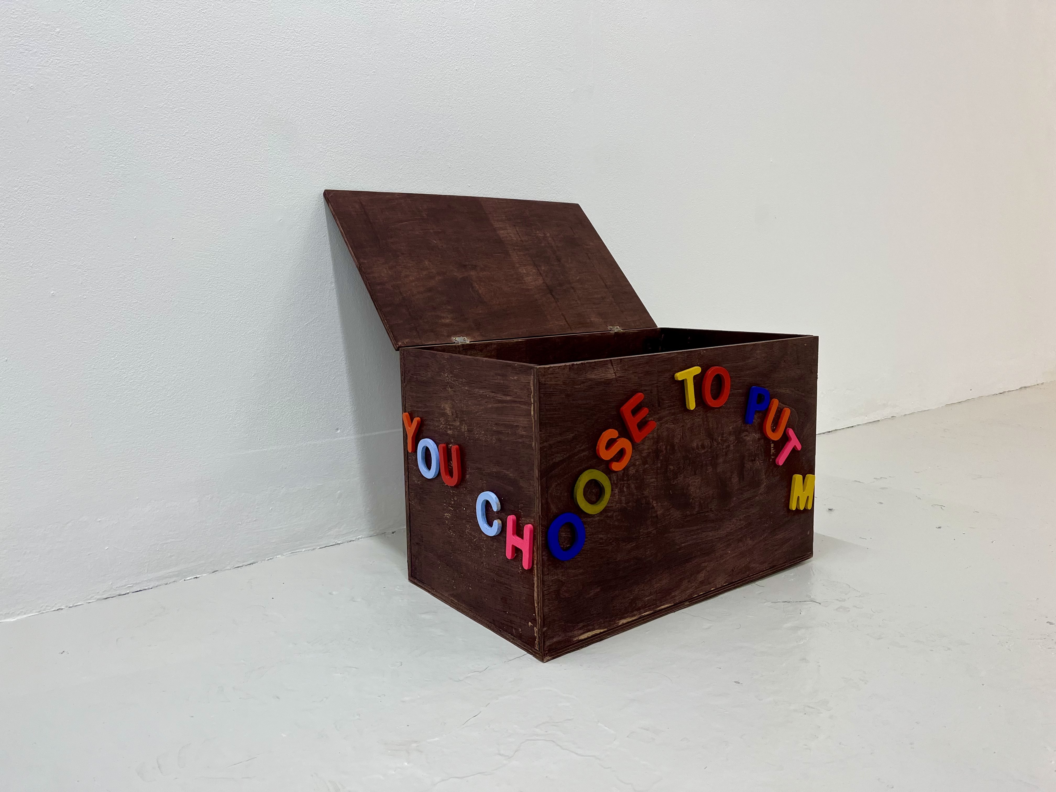 Sculpture by Amber-Rose Thorpe and Georgia Keeling. The sculpture is a wooden box with colourful painted text on and inside it.