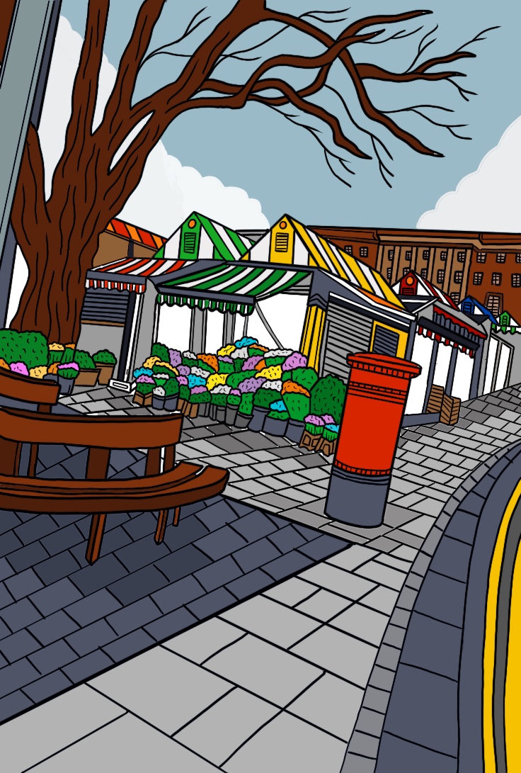 Digital drawing by Amy Baker showing a bold, colourful drawing of Norwich market.