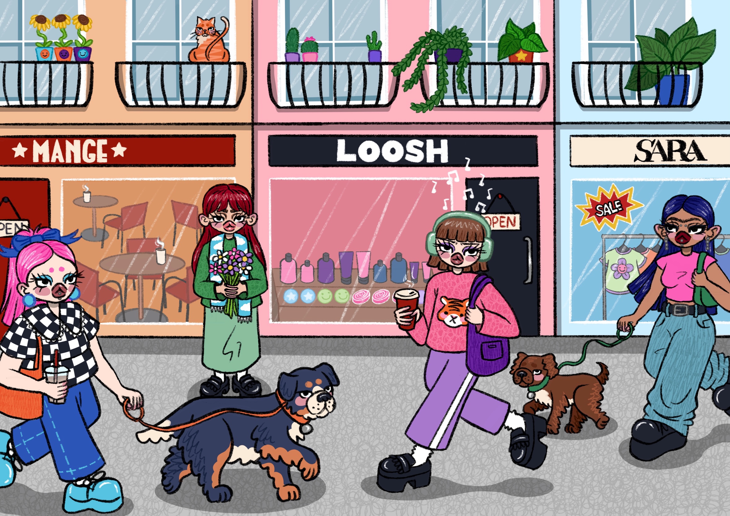 Digital Illustration by Amy Maguire showing people walking through town with shops.