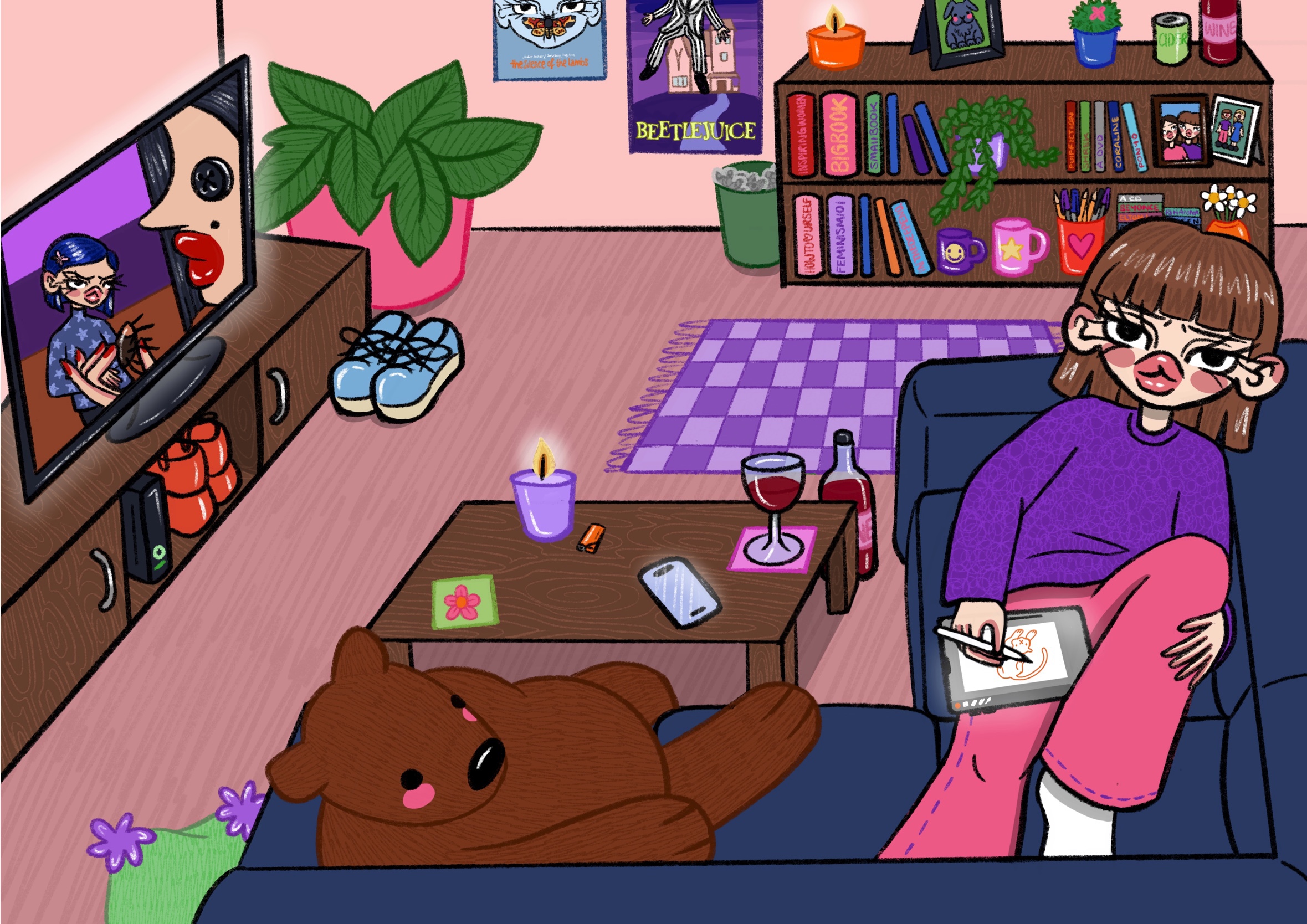 A digital illustration by Amy Maguire showing a girl relaxing on the sofa watching a film.