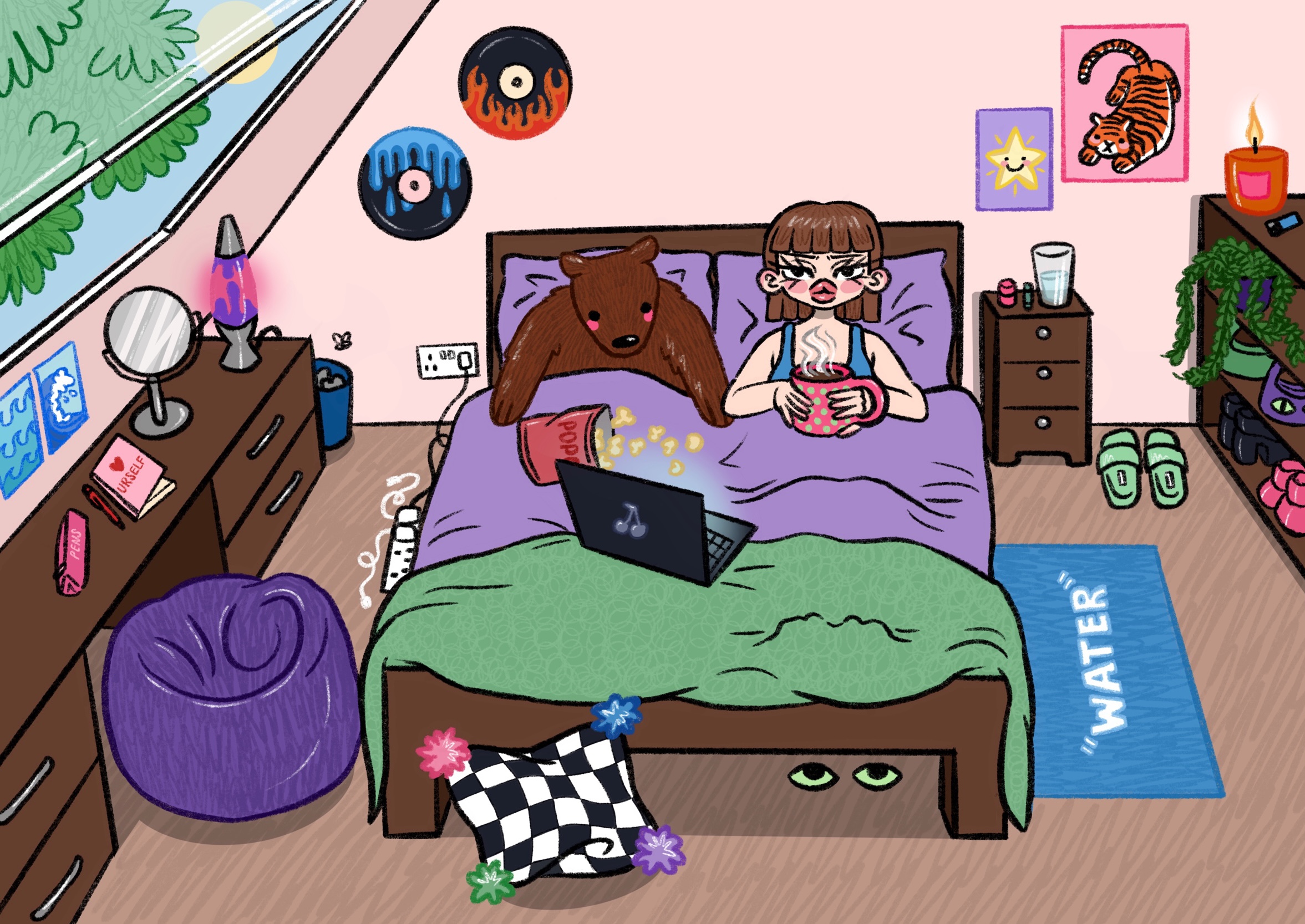 A digital illustration by Amy Maguire showing a girl watching something from her laptop in bed in her bedroom.
