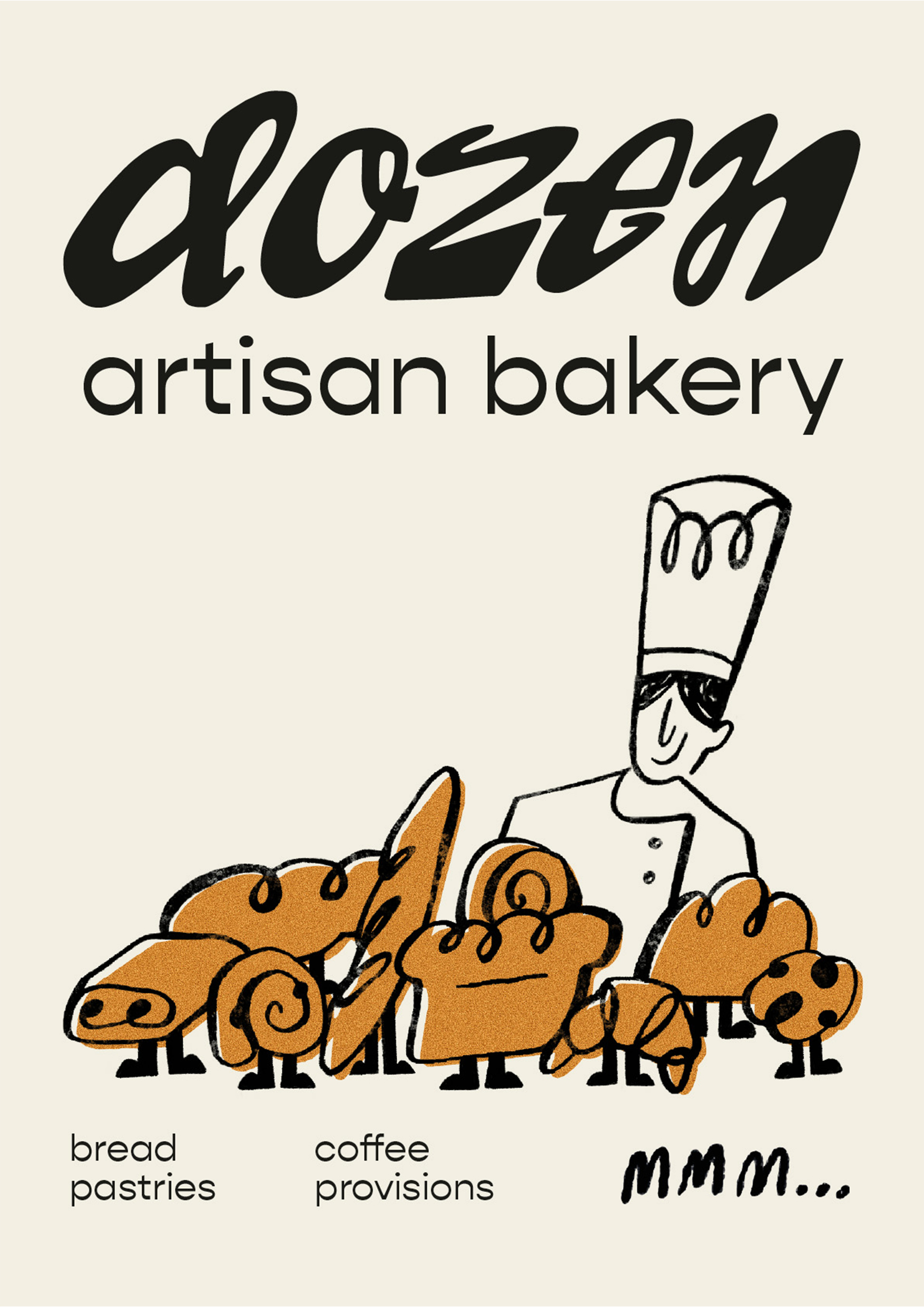 Illustrated bakery poster by Andrea Hammersley showing simple line drawings of baked goods, chef character and typography, with a swirling motif throughout.