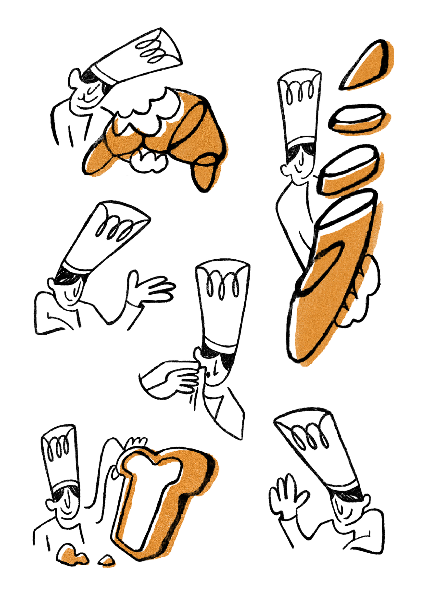 Spot illustrations by Andrea Hammersley showing chef character in various poses with baked goods in simple line drawings.