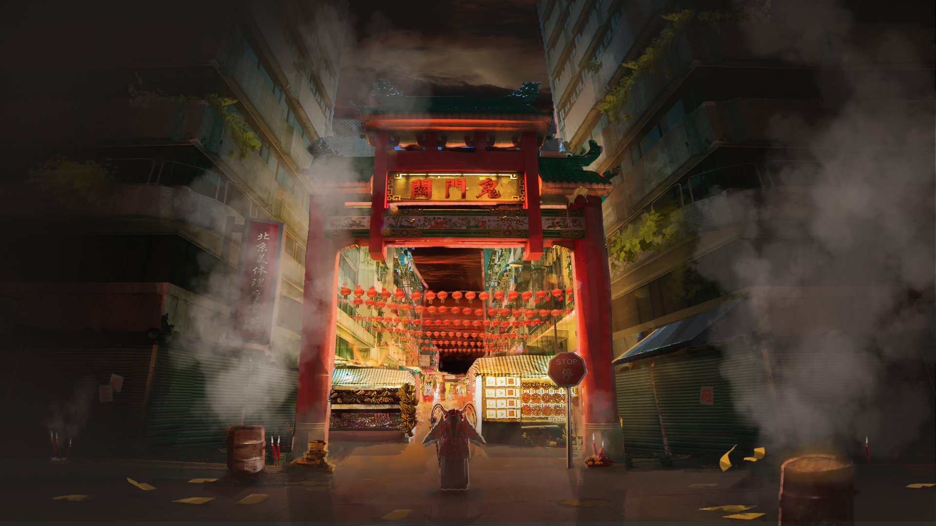 Digital illustration of a female warrior facing a large Chinese temple gate brightly lit by red lanterns and stall lights.