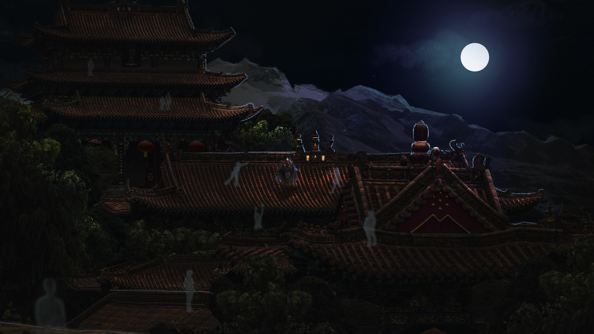Digital illustration of a female Chinese warrior fighting off multiple spirits that are approaching her on a temple rooftop at night during a full moon