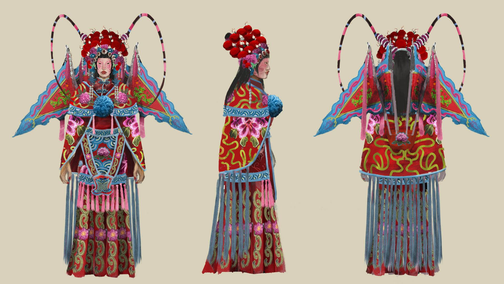 Digital illustration showing three different angles of a young Chinese woman wearing an intricate costume with peony motifs and ripples