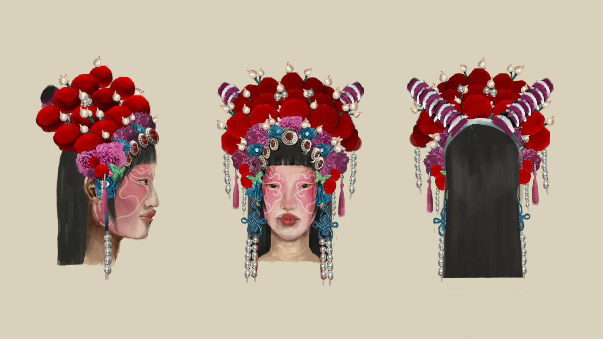 Digital illustration showing 3 different angles of a character's head and headdress featuring red pompoms, pearls, flowers and jewellery.