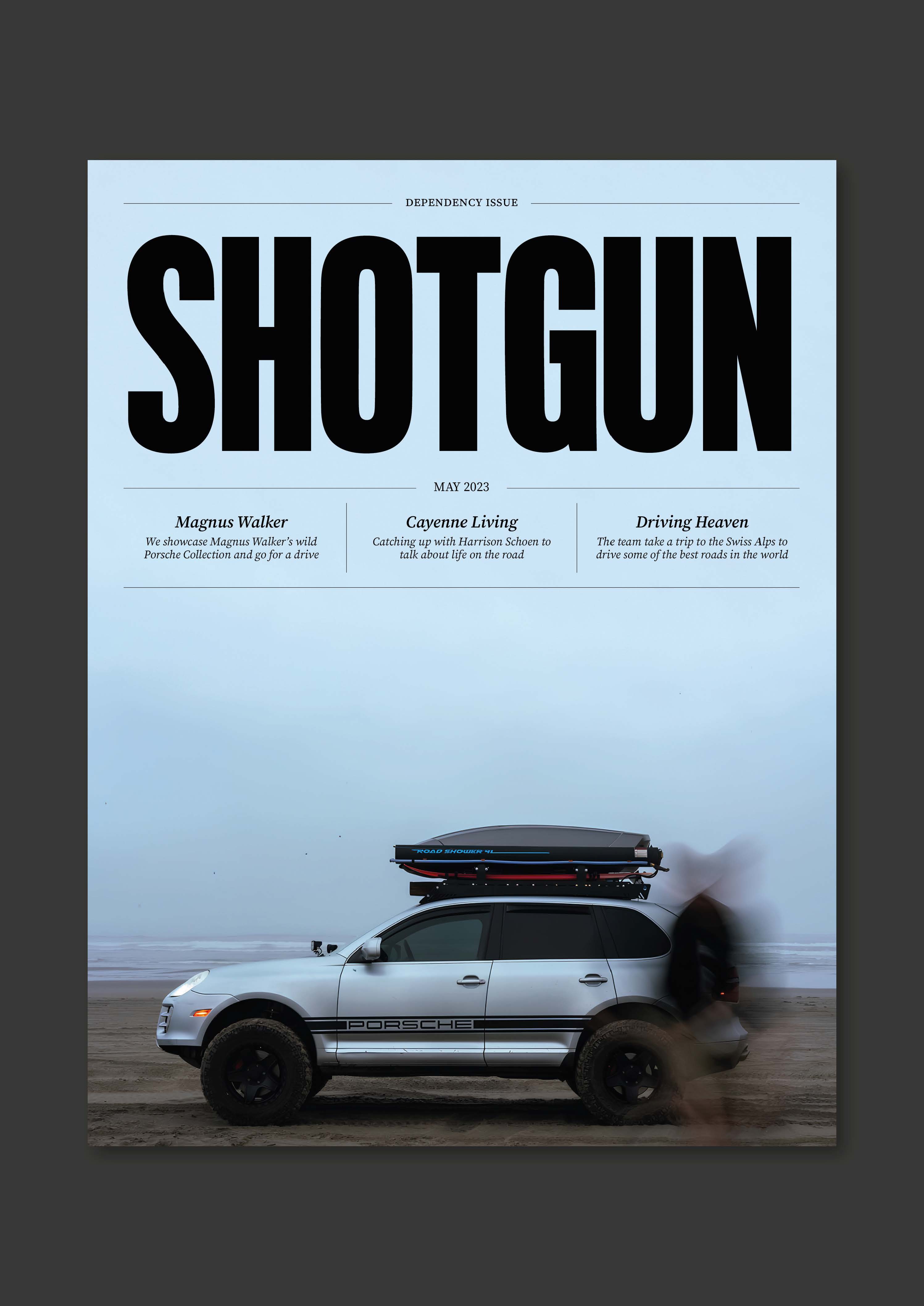 Shotgun Magazine Cover by Ben Dale, showing large bold type and high quality car imagery.