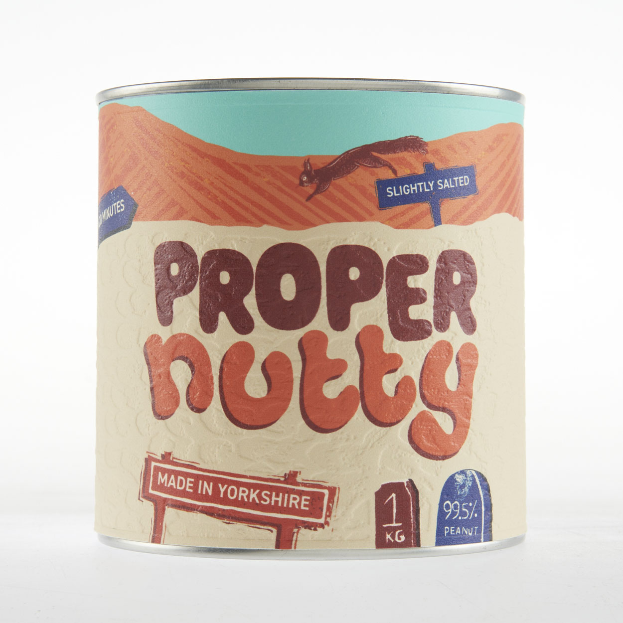 Photograph of 'Proper Nutty' packaging design on tin. A collaborative project, redesigning an existing peanut butter which is made in Yorkshire.
