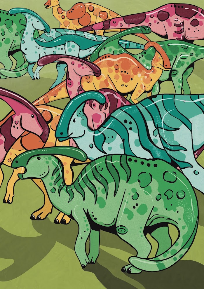 Illustration by Beth Lester showing a herd of brightly coloured dinosaurs.
