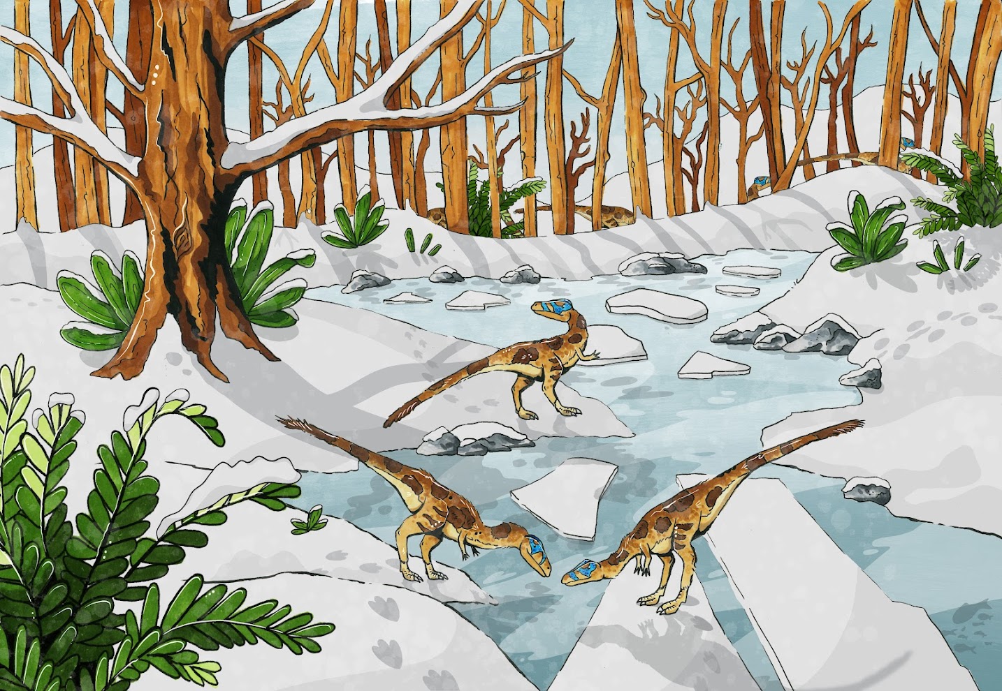 Illustration by Beth Lester showing dinosaurs interacting with a frozen river.