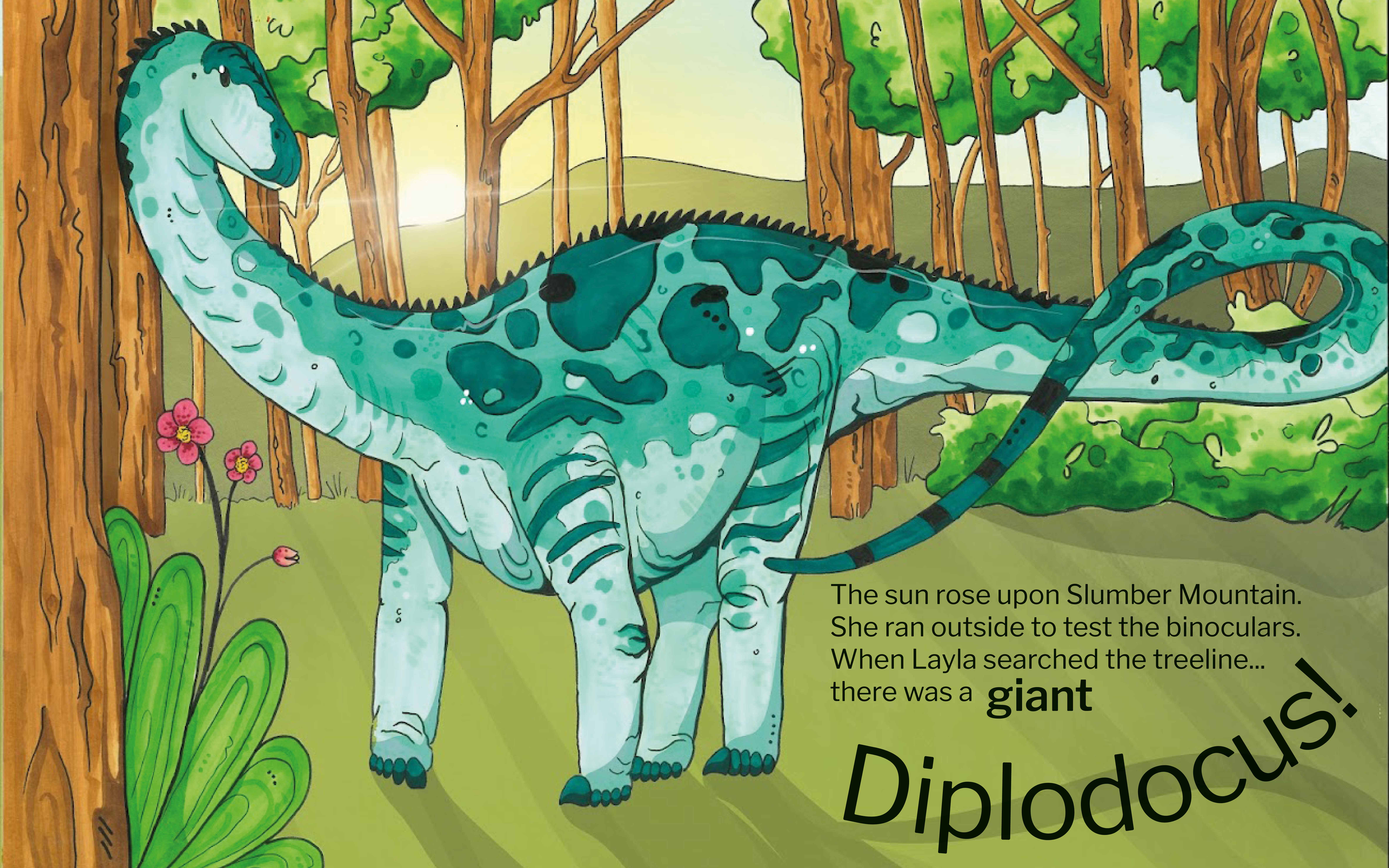 Illustration by Beth Lester showing a blue dinosaur in a forest.