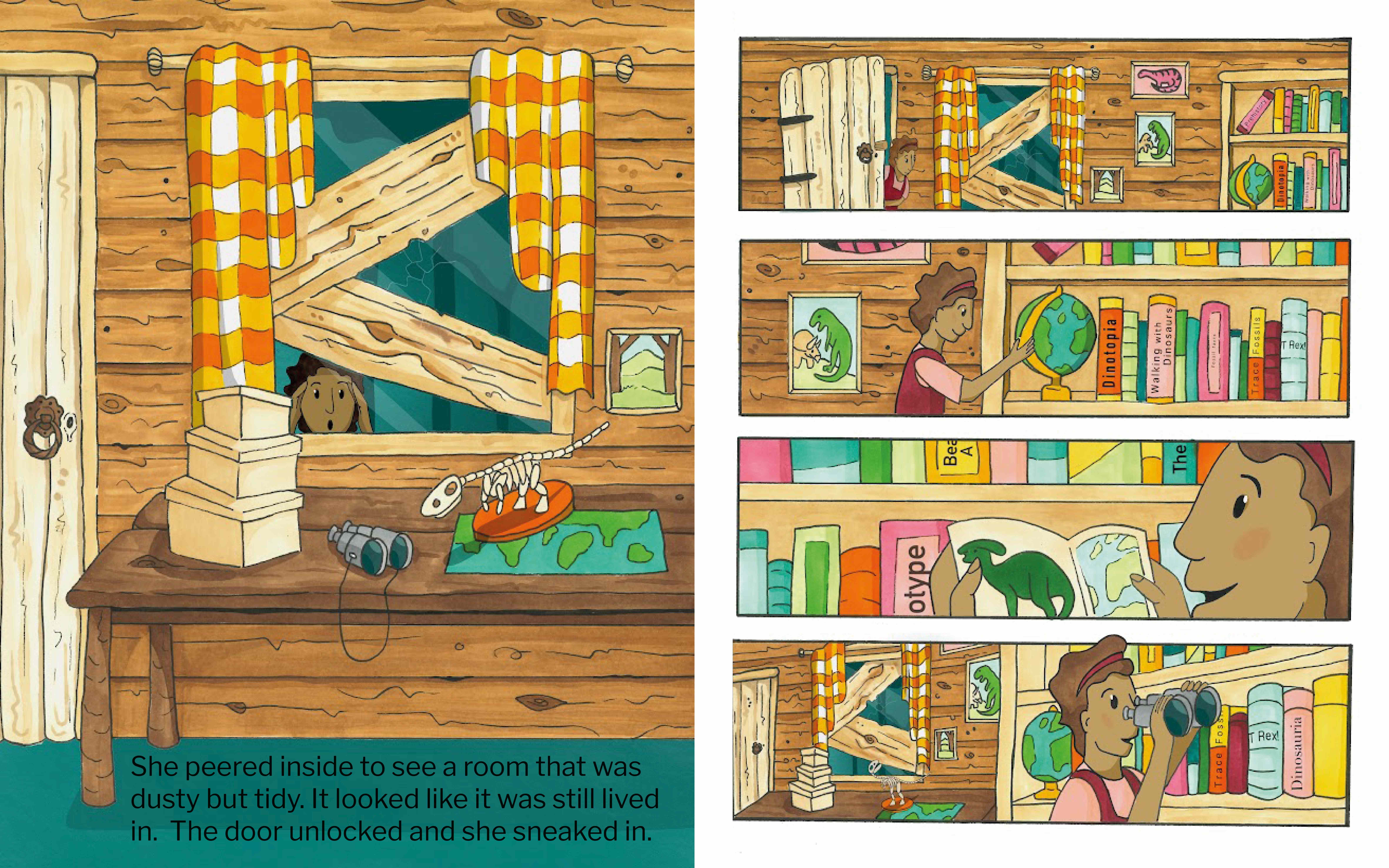 An illustration by Beth Lester showing a children searching a log cabin.