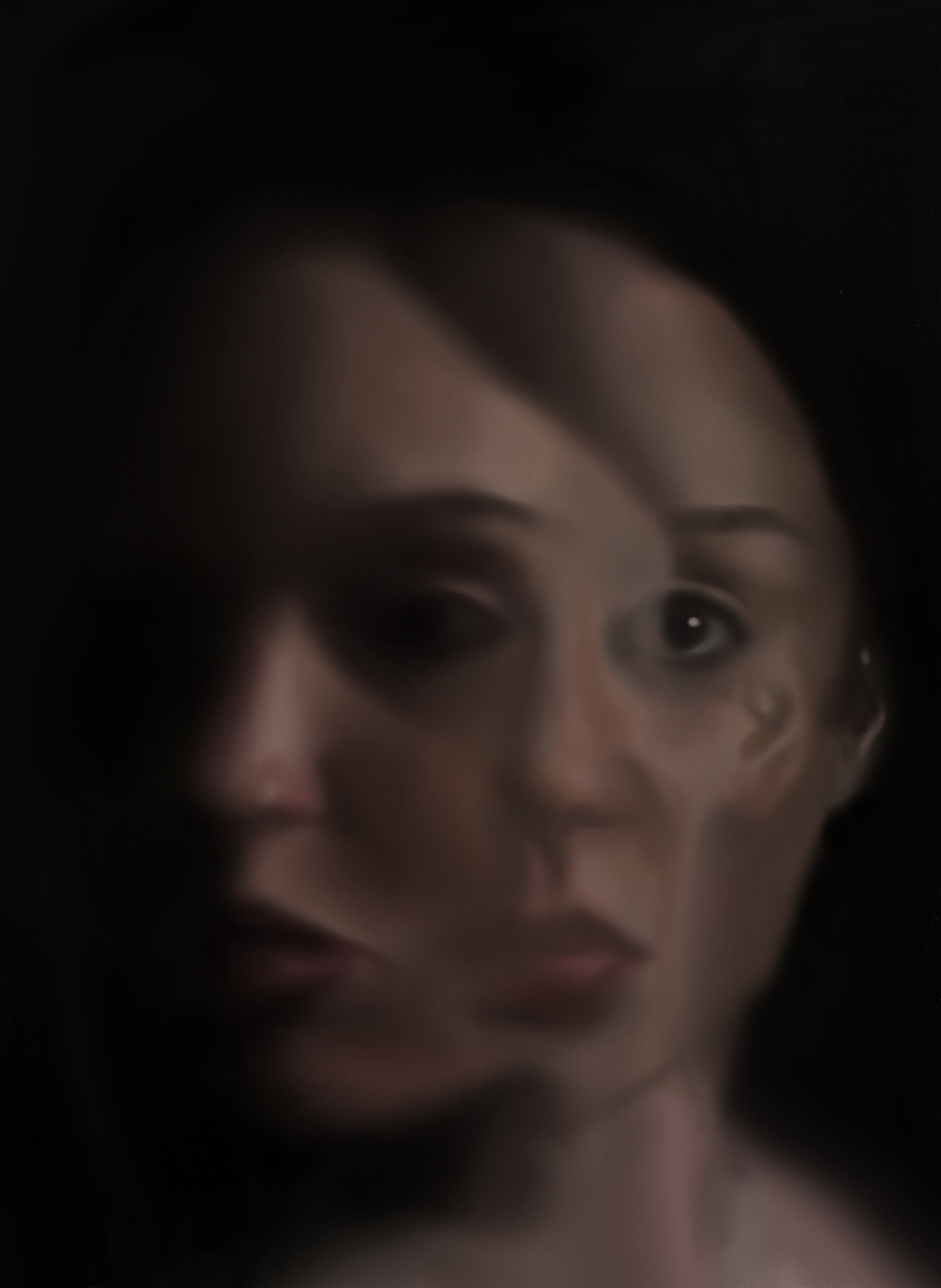 Fine Art work by Beth Mack showing a painting of a distorted face, one looking to the left and the other looking straight ahead with a black background