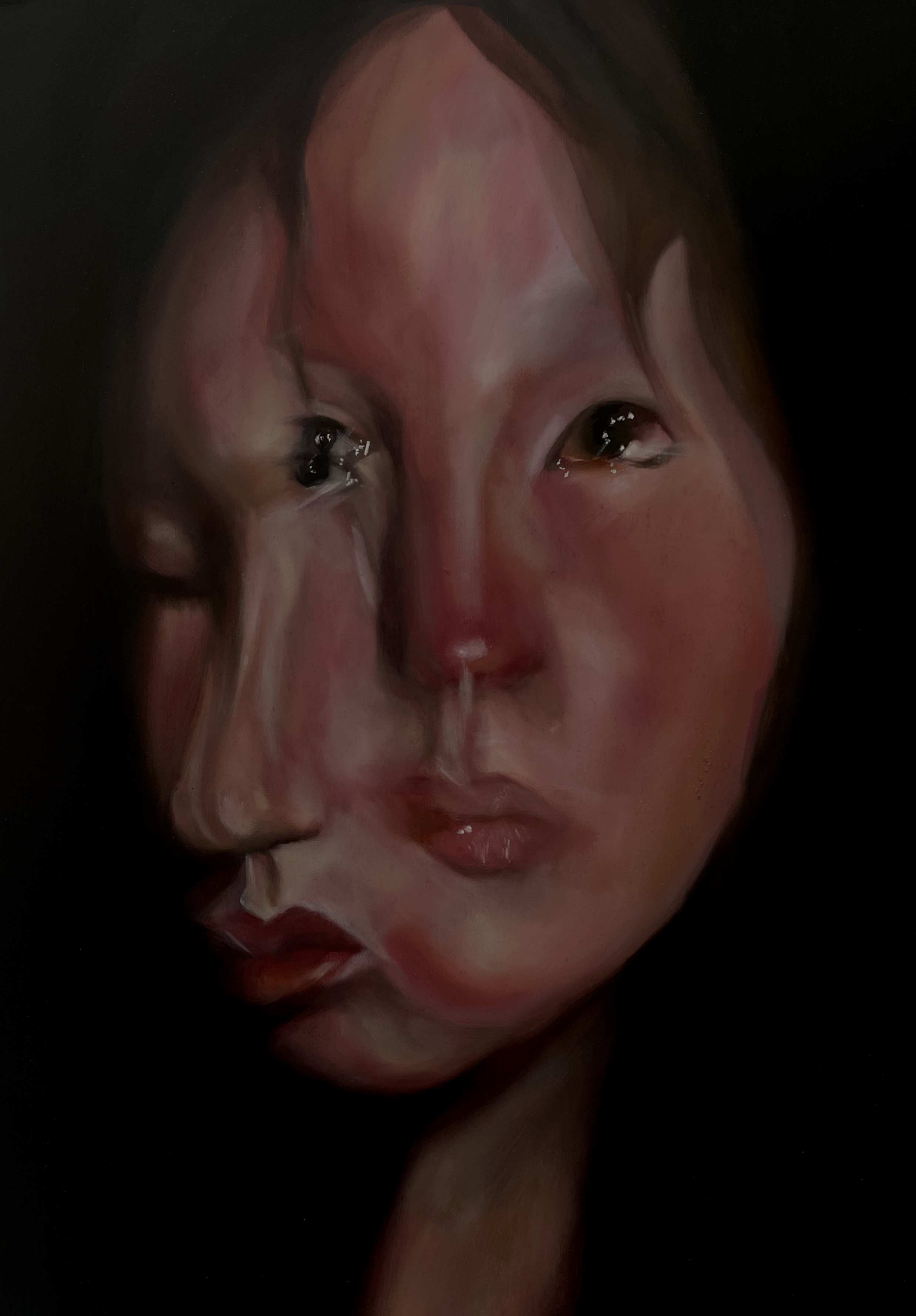 Fine Art work by Beth Mack showing a Painting of a face that has been distorted, one half looking up another looking down to the side on a black background.