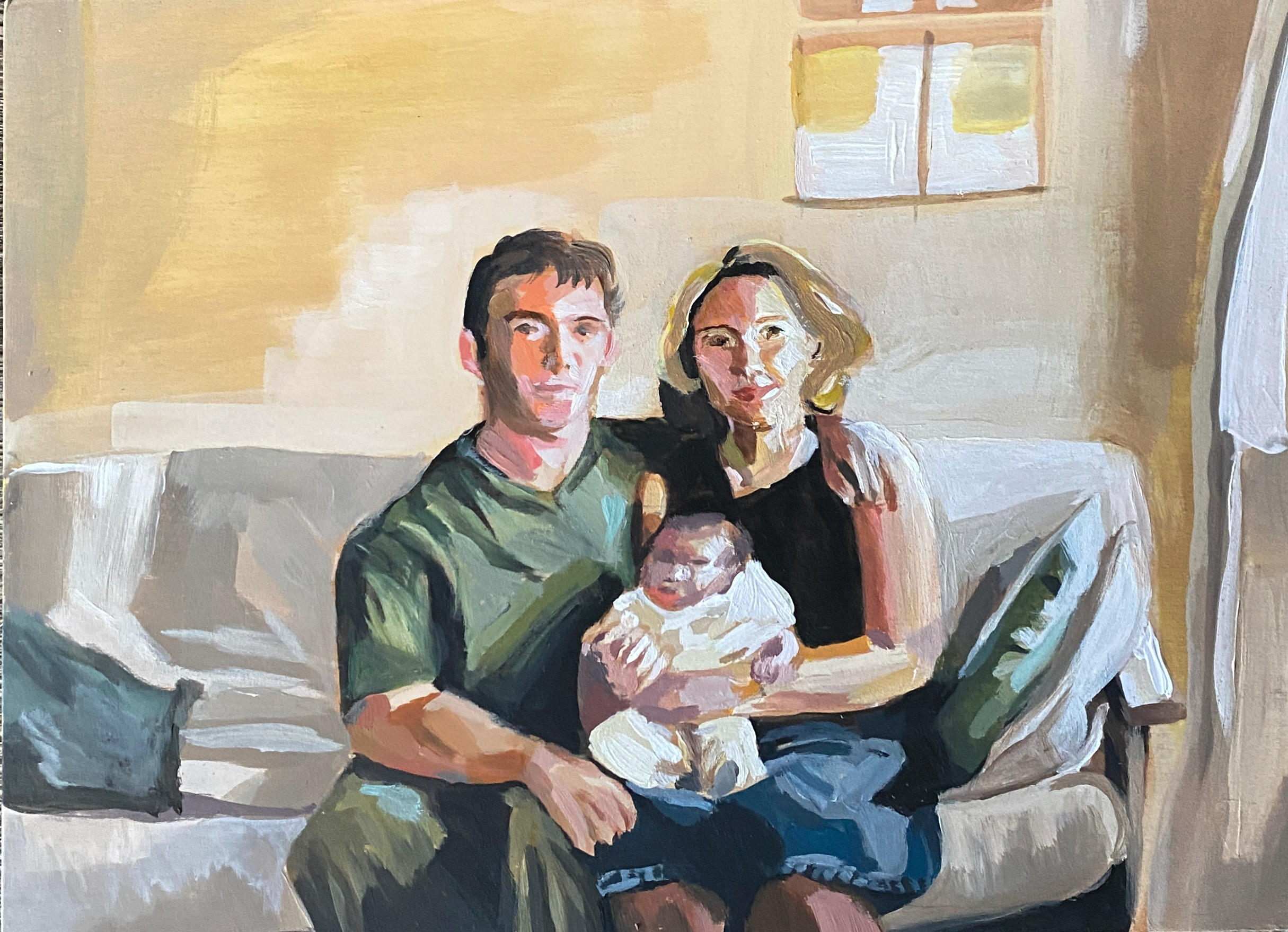 Fine Art work by Beth Mack showing a Painting of a portrait of a mother and father looking towards the camera, with a tiny baby sat on the mothers lap.