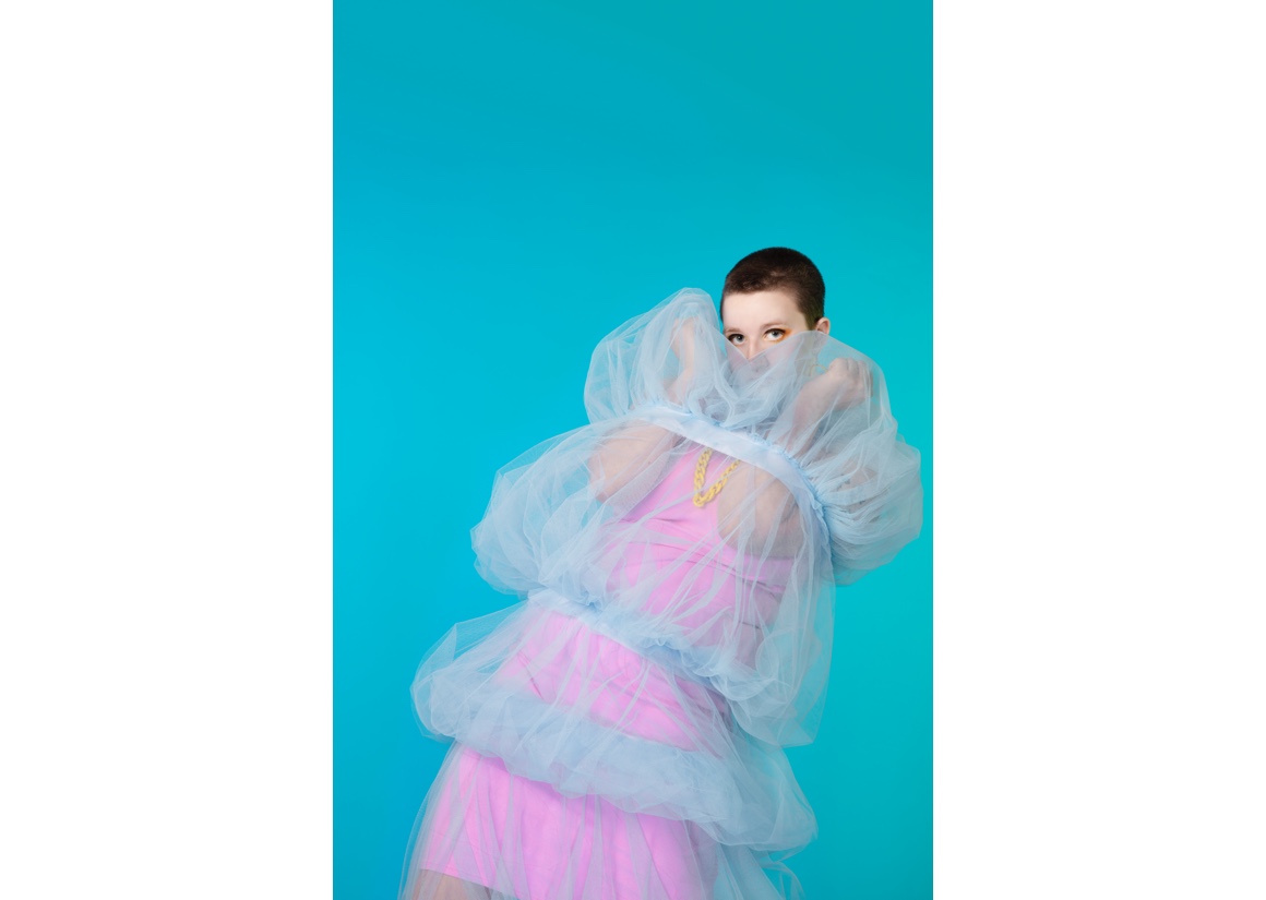 Photo of model wearing Garment 1 by Bryan Griffiths (taken by Adam Billings) that is created from Tulle netting, hand dyed Jersey Fabric and elastic fabric bands