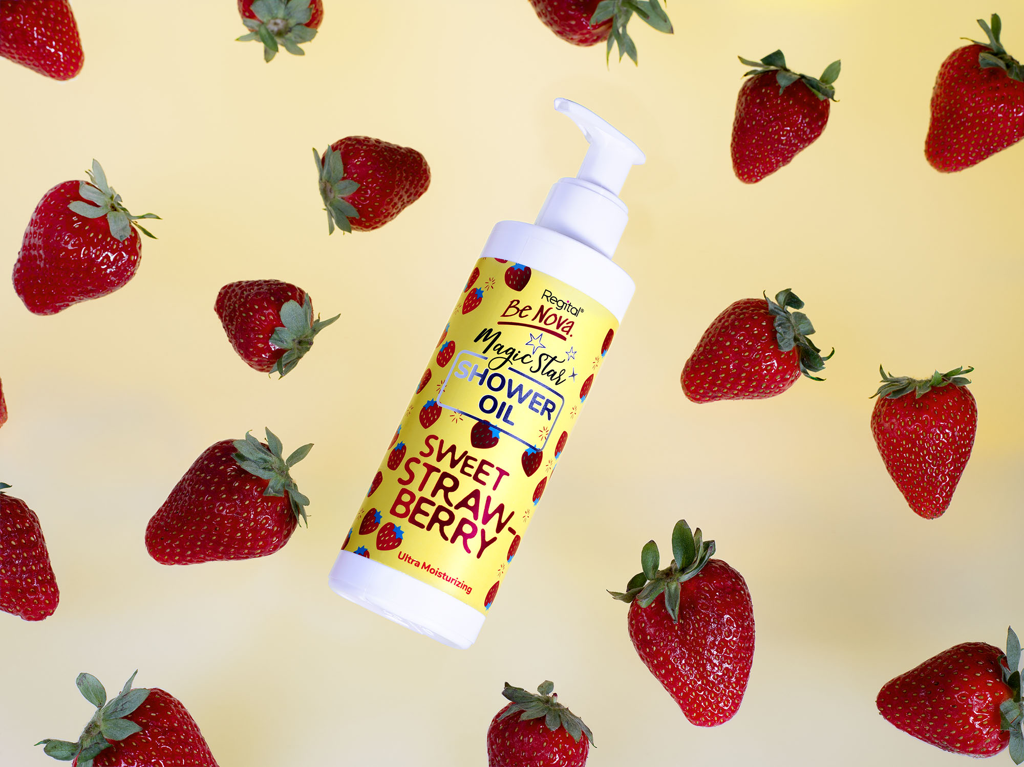 Surreal advertisement imagery by Caitlin Marjoram showing a reactionary response to a strawberry shower oil, presenting a colour and disoriented image