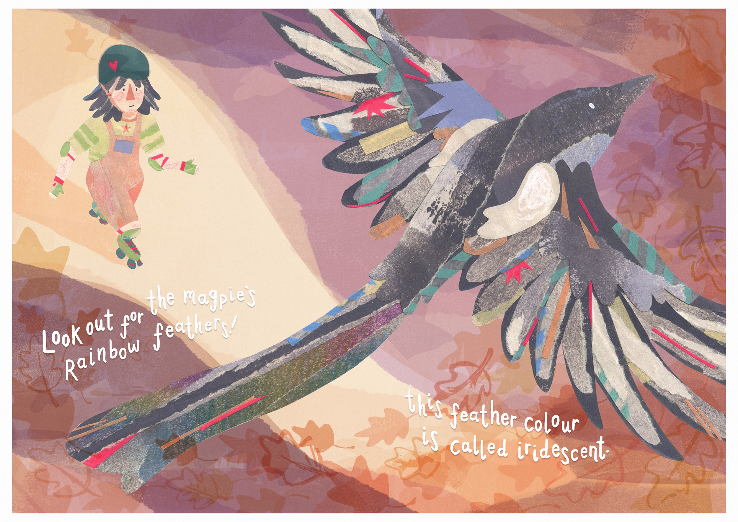 A young girl approaching a magpie in flight. The image is made from collage, with text that reads: "Look out for the magpie's rainbow feathers! This feather colour is called iridescent."