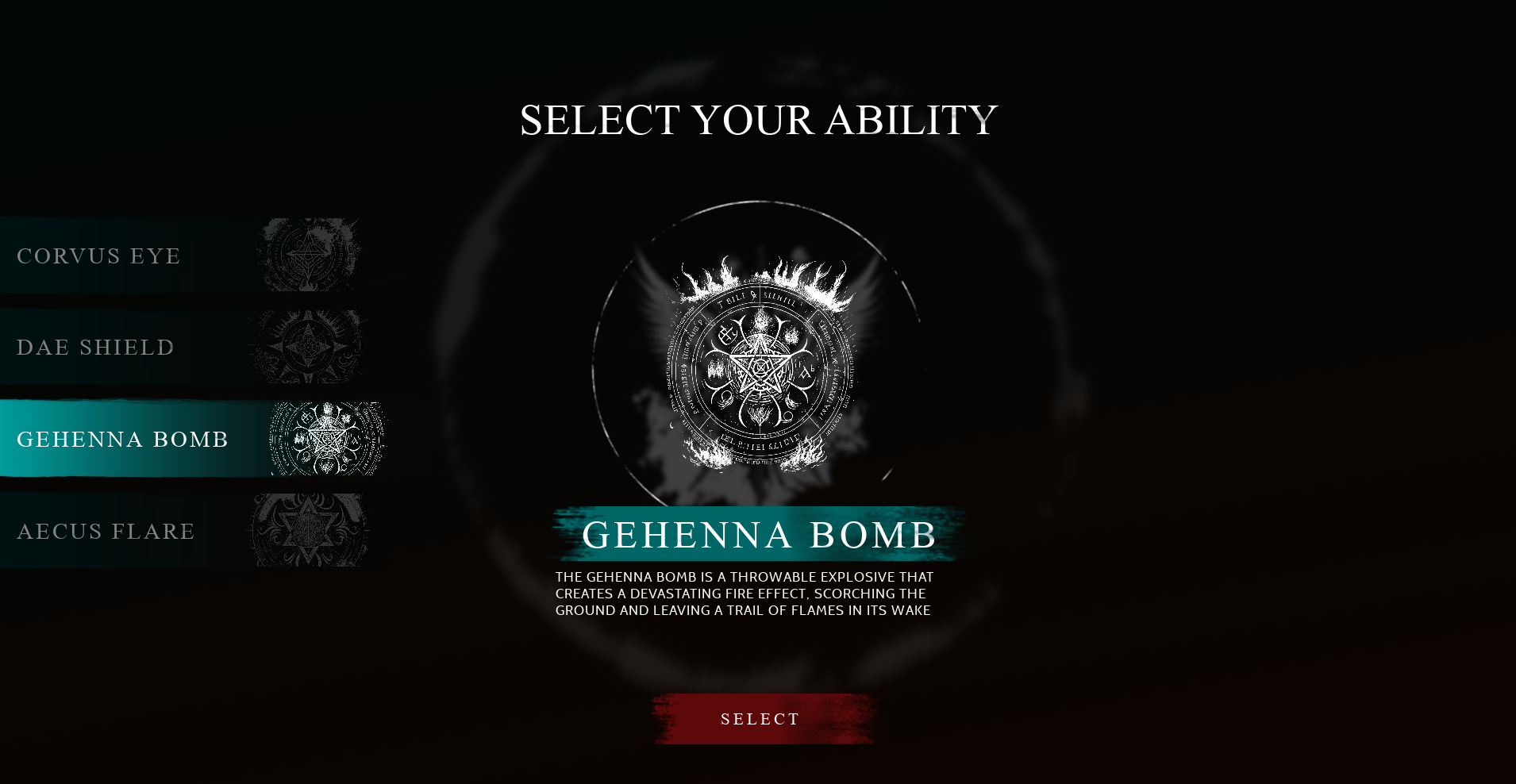 UI screen by Calum Forrester showing the ability selection screen form The Bornless, a game by Cathedral Studios