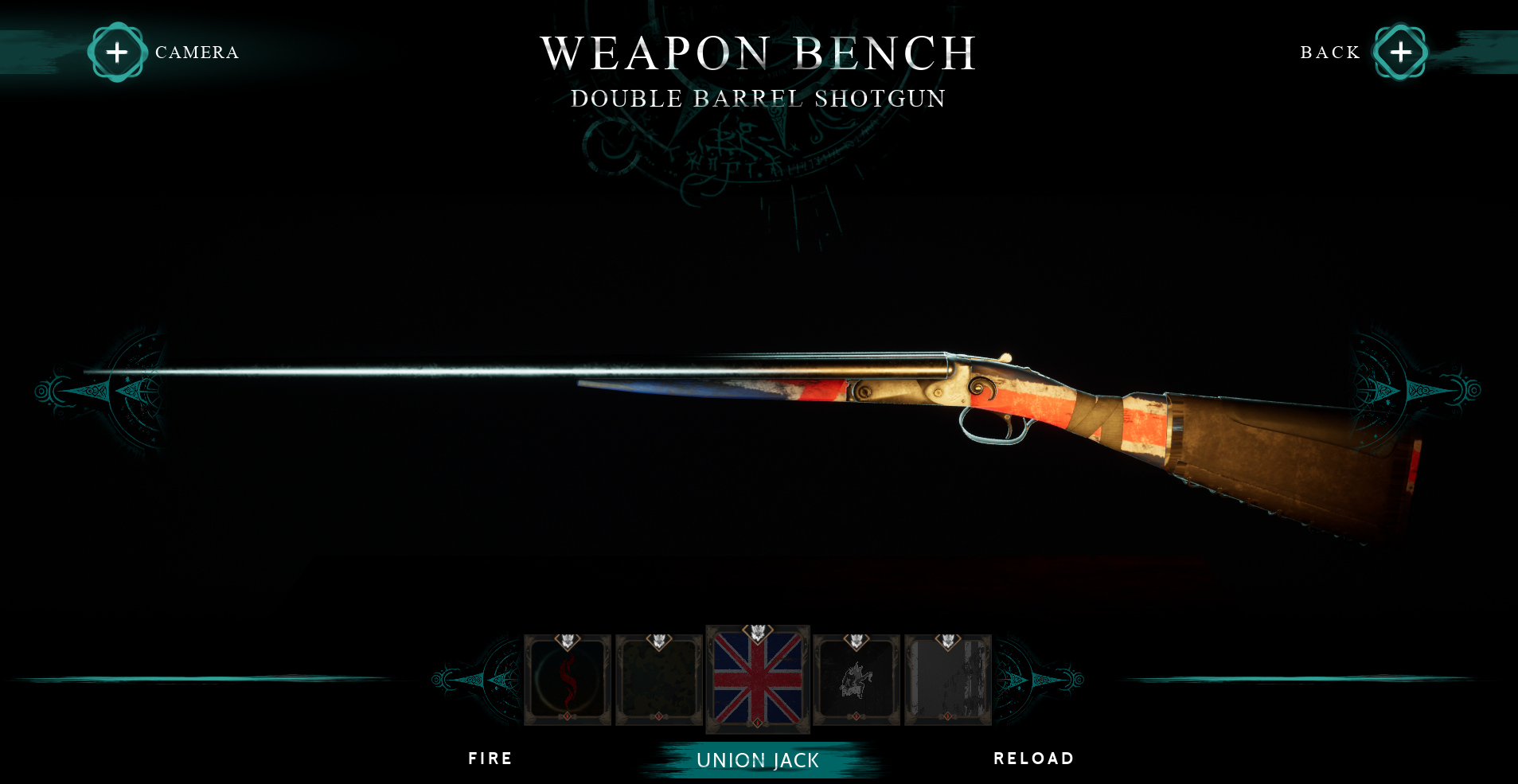 UI screen by Calum Forrester, showing the weapon skin selection screen form The Bornless, a game by Cathedral Studios