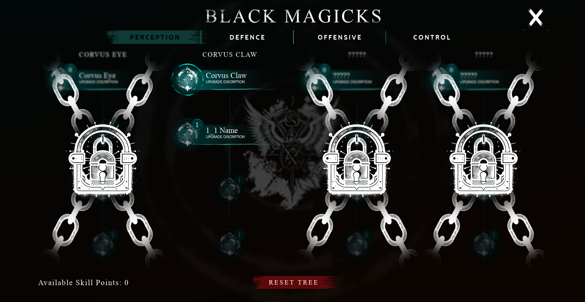 UI screen by Calum Forrester, showing the Black Magicks spell upgrade screen skin selection screen form The Bornless, a game by Cathedral Studios