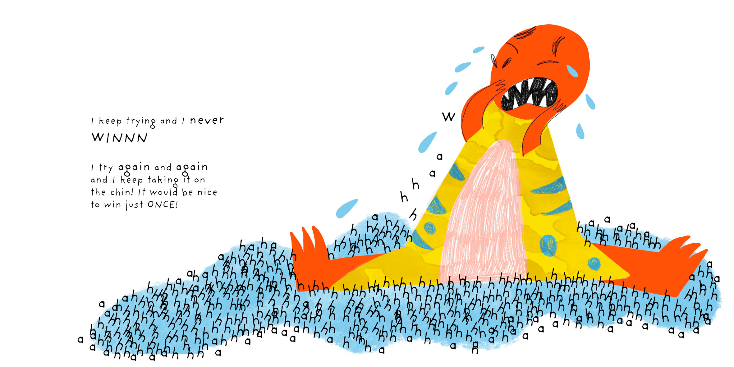 Illustrated dinosaur by Catie McFarland showing a colourful crying dinosaur, illustrated to be in a children's book.