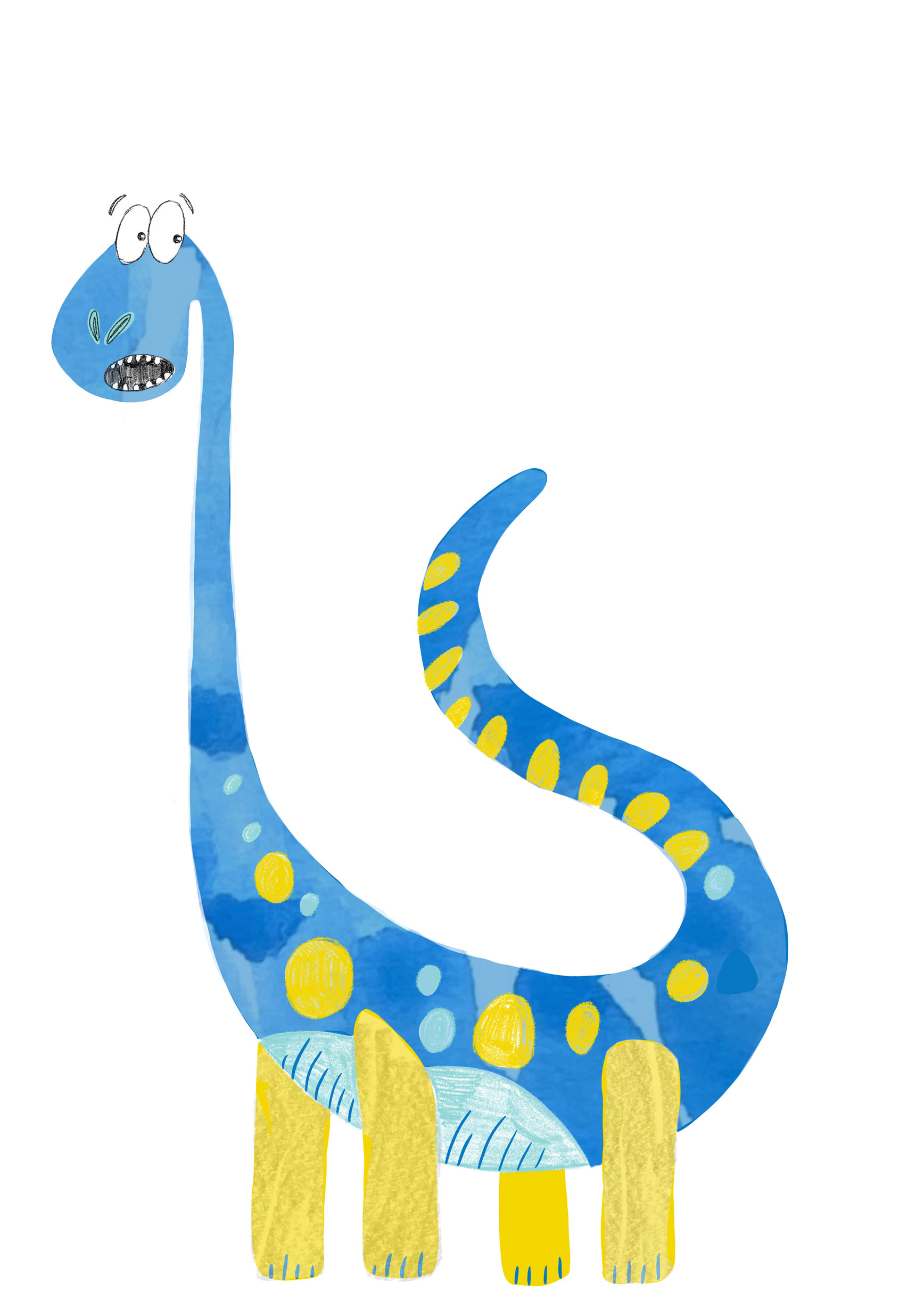 Illustrated diplodocus by Catie McFarland showing a blue and yellow diplodocus.