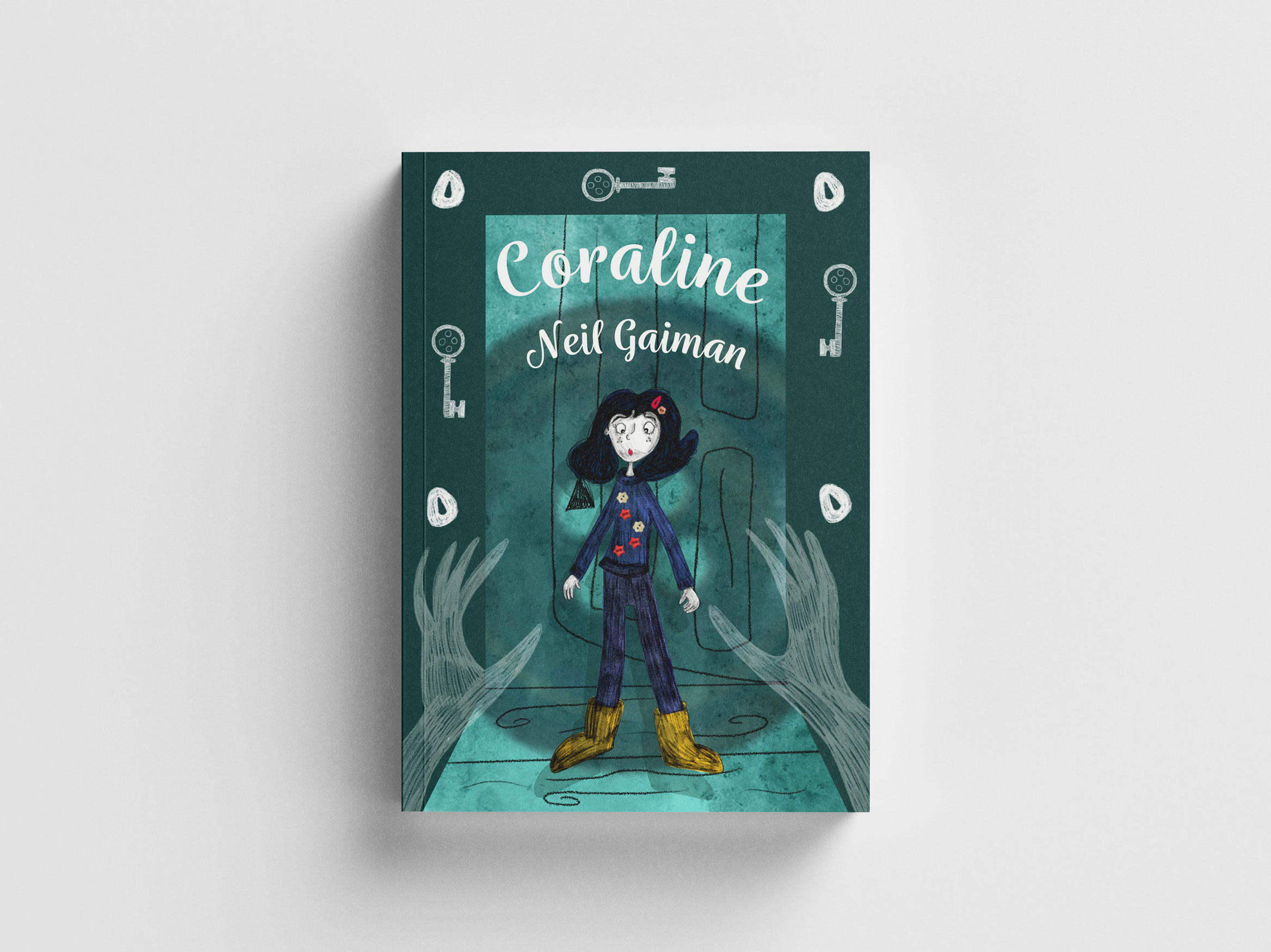 Redesigned book cover for Neil Gaiman's 'Coraline'. Showing Coraline opening the door to the other world a dark green background with ghost hands in the foreground.