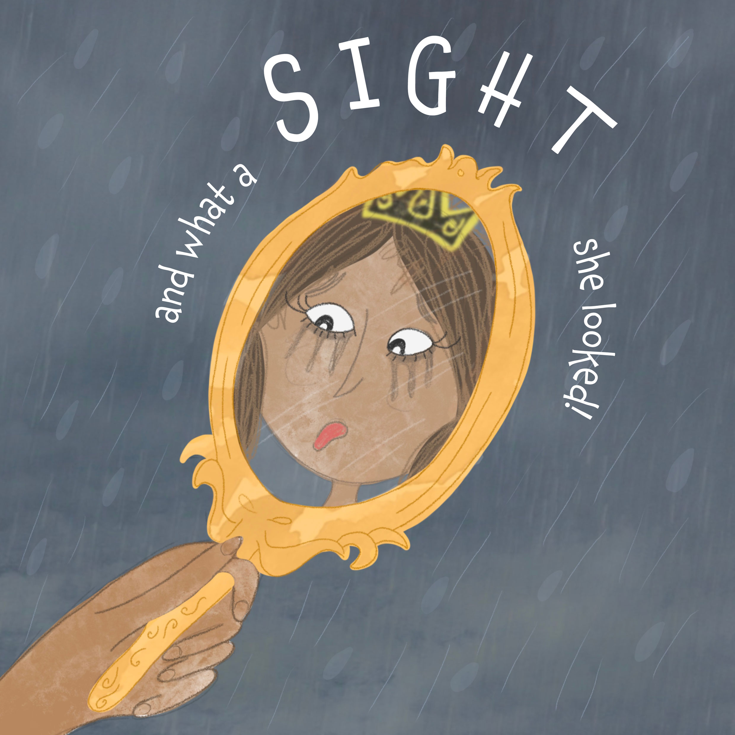 Redesign of 'The Princess and the Pea' fairy tale. Illustration by Catie McFarland showing a girl looking in a mirror after a storm.