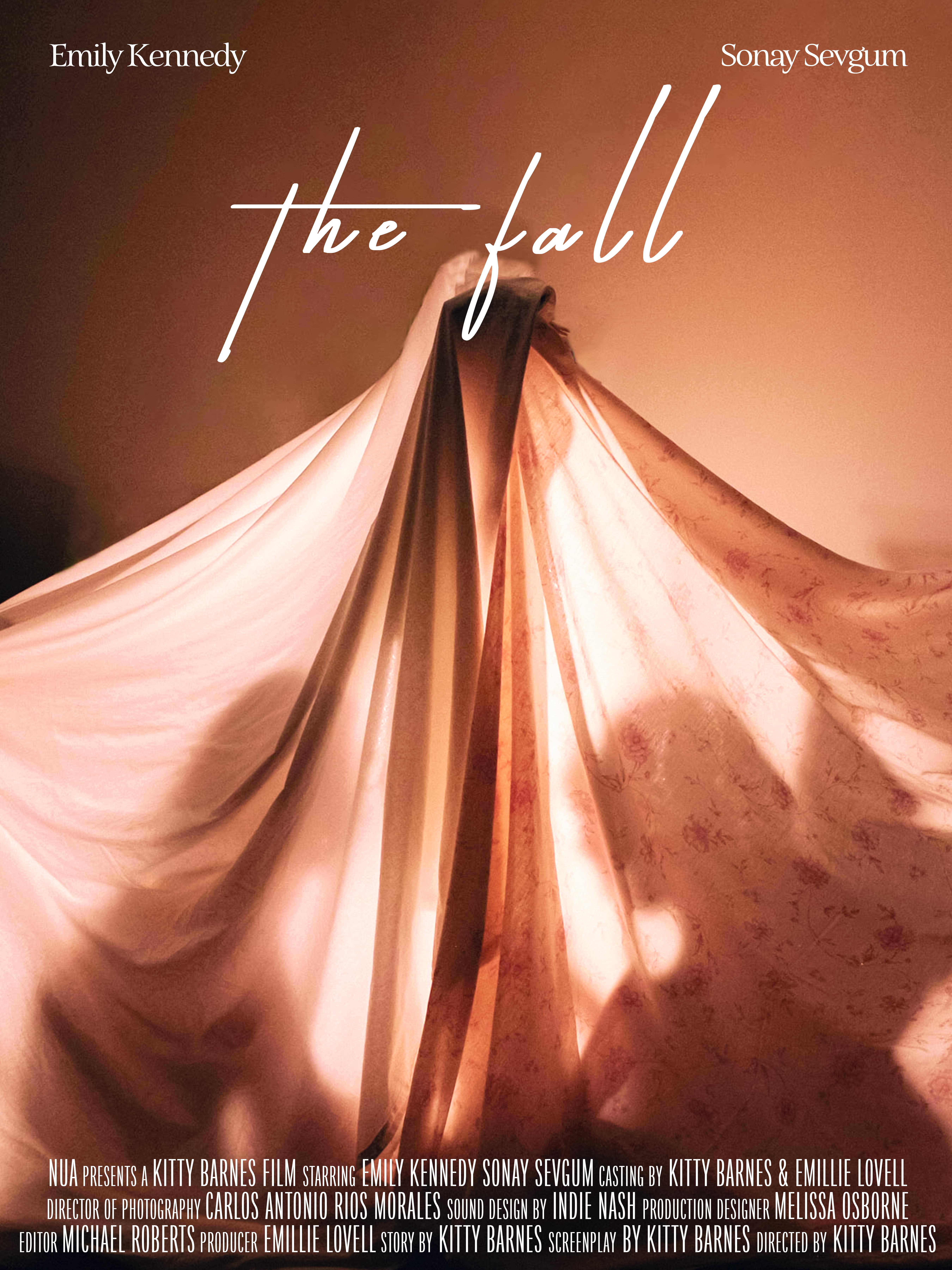 Poster for the film The Fall. It features a photo of two figures underneath a sheet tent with the title and credits.