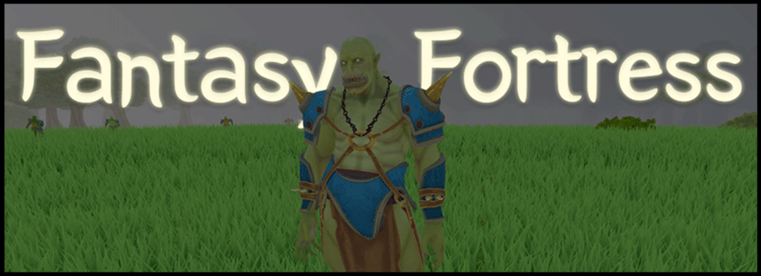 A digital title card featuring a green skinned character for the top-down tower defense game Fantasy Fortress by Charlie Mason