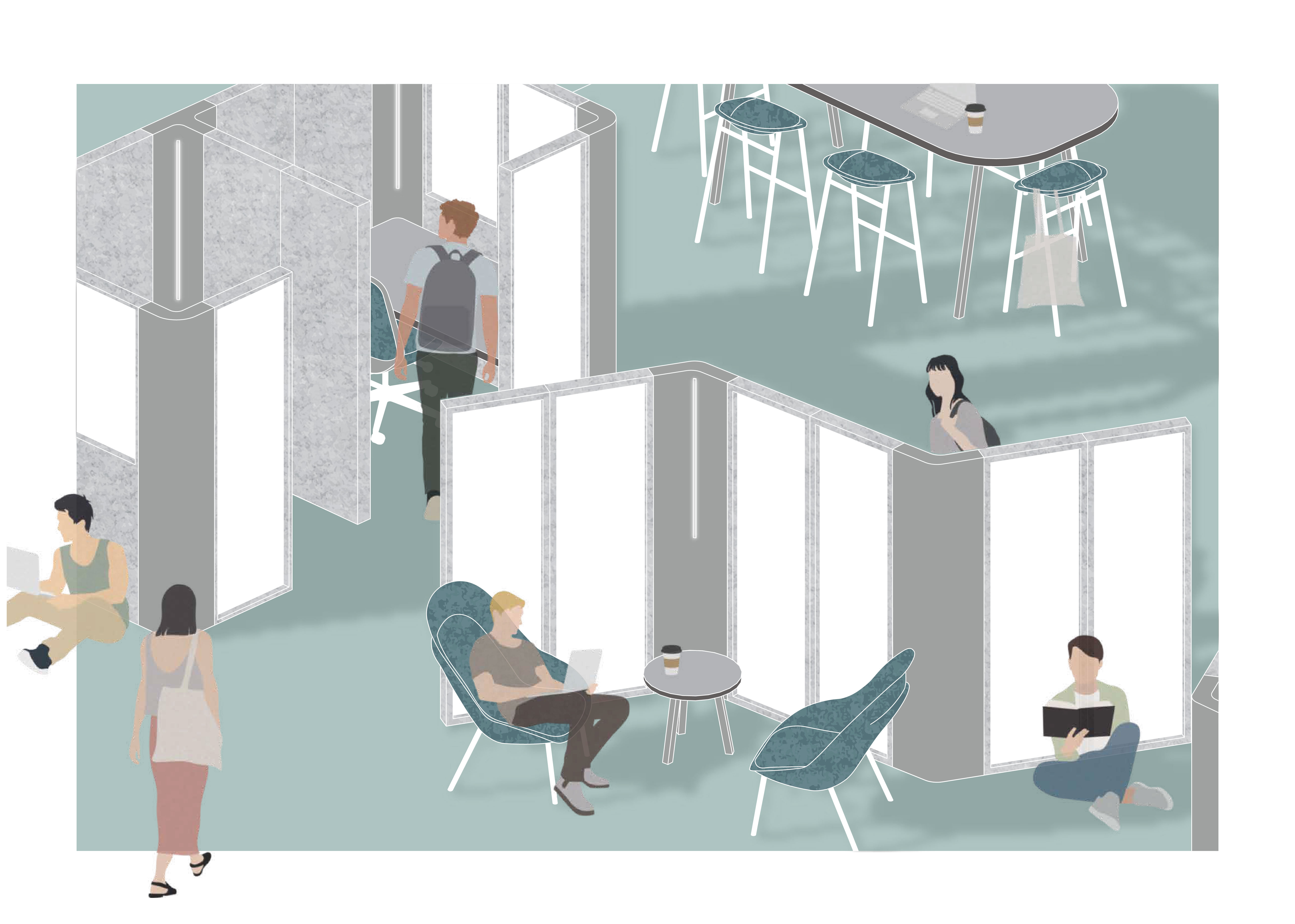 An axonometric illustration by Charley Arnold showing campus space in blues and grays. Space has social area, private study booths and collaborative desk.