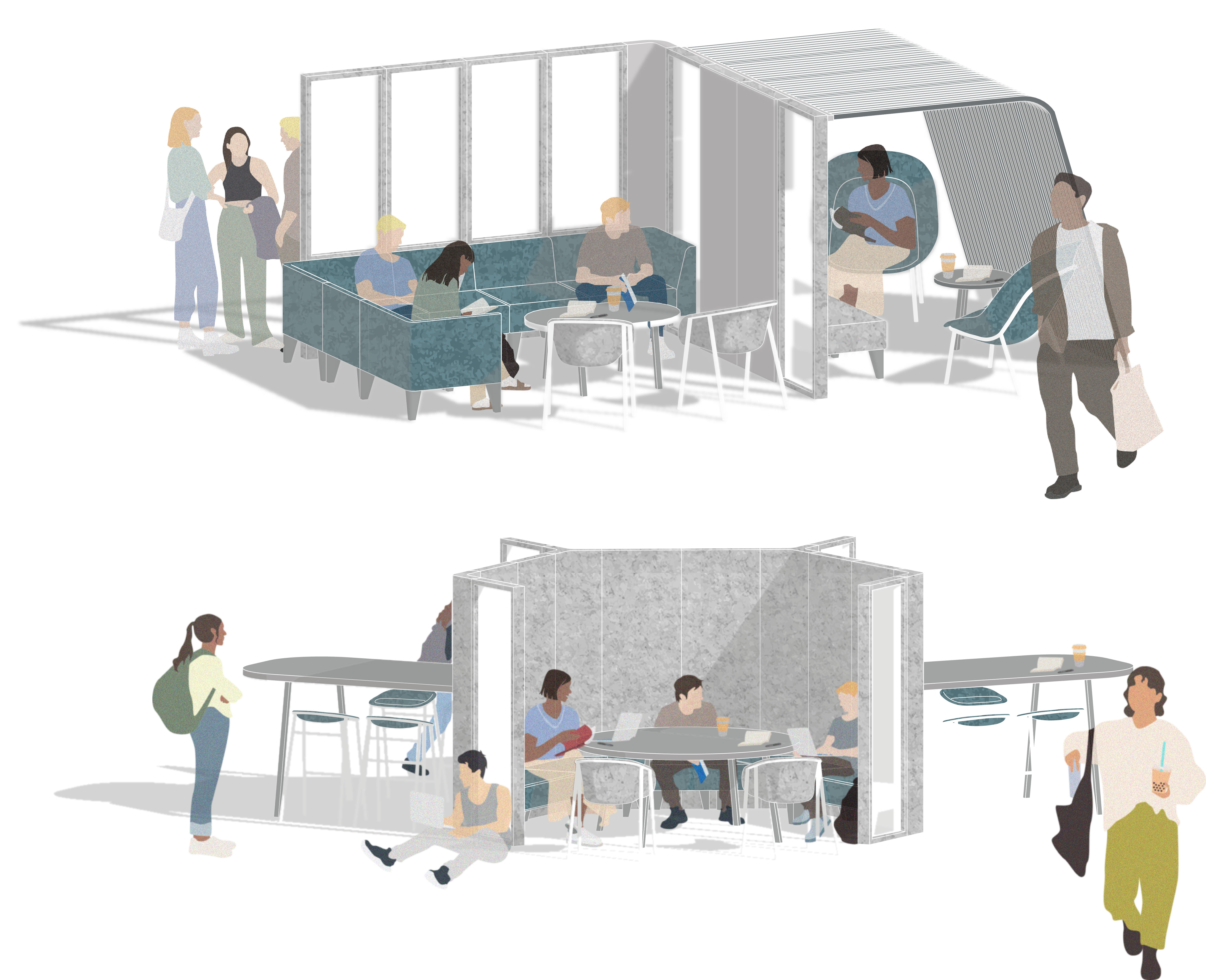 Two Illustrative renders of a modular furniture system in practice. Top render shows seating and private area and bottom render shows the desk spaces separated by divider.