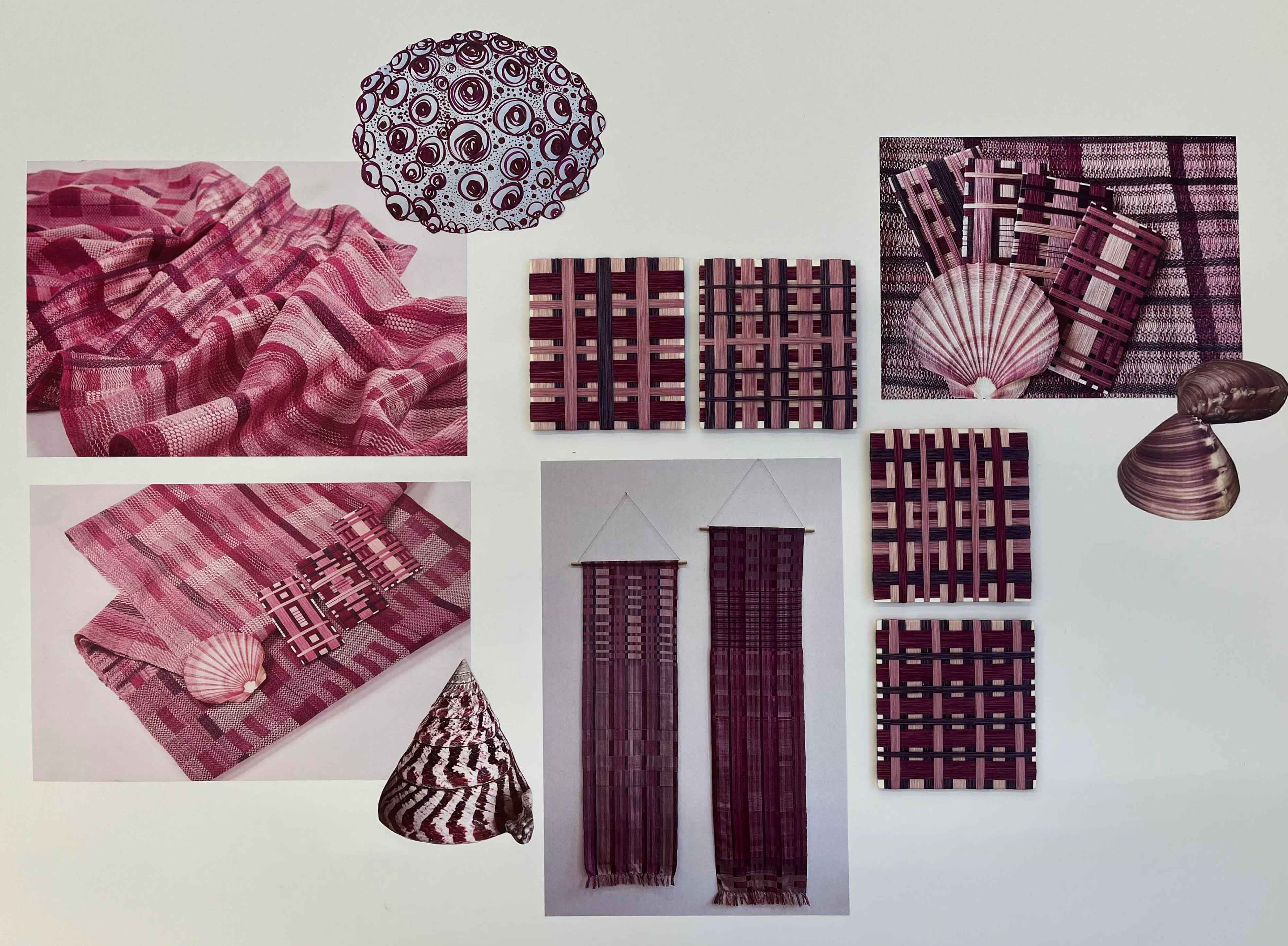 Collage showing drawing, shell image inspiration and yarn wraps. All purple and pink in colour.